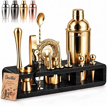 Barillio Gold Bartender Kit - Stainless-Steel Cocktail Shaker Set w/Black Bamboo Stand - Mixology Bar Tools w/Drink Shaker, Mixer, and Muddler for Cocktails - Home Bar Accessories - 23-Pc Bar Set