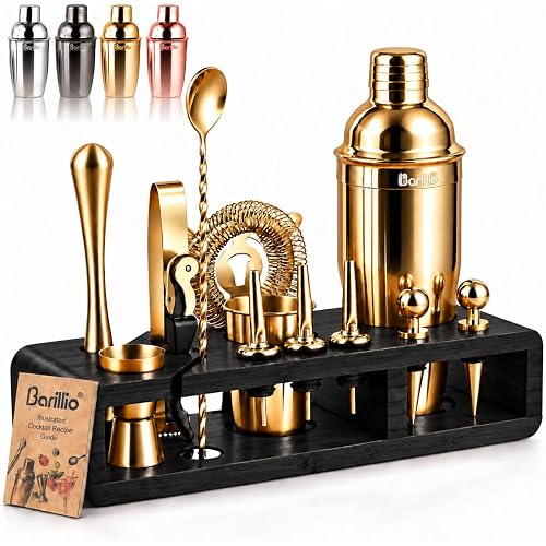 Barillio Gold Bartender Kit - Stainless-Steel Cocktail Shaker Set w/Black Bamboo Stand - Mixology Bar Tools w/Drink Shaker, Mixer, and Muddler for Cocktails - Home Bar Accessories - 23-Pc Bar Set