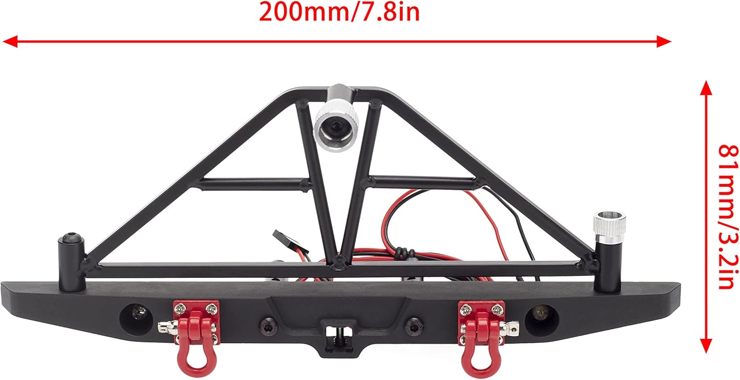 Aluminium Alloy Anti-Collision Front/Rear Bumper Protective Bar with LED Lights Compatible with Axial SCX10 90046 TRX-4 SCX10 iii AX103007 1/10 RC Crawler Car Upgrade Parts (Rear Bumper)