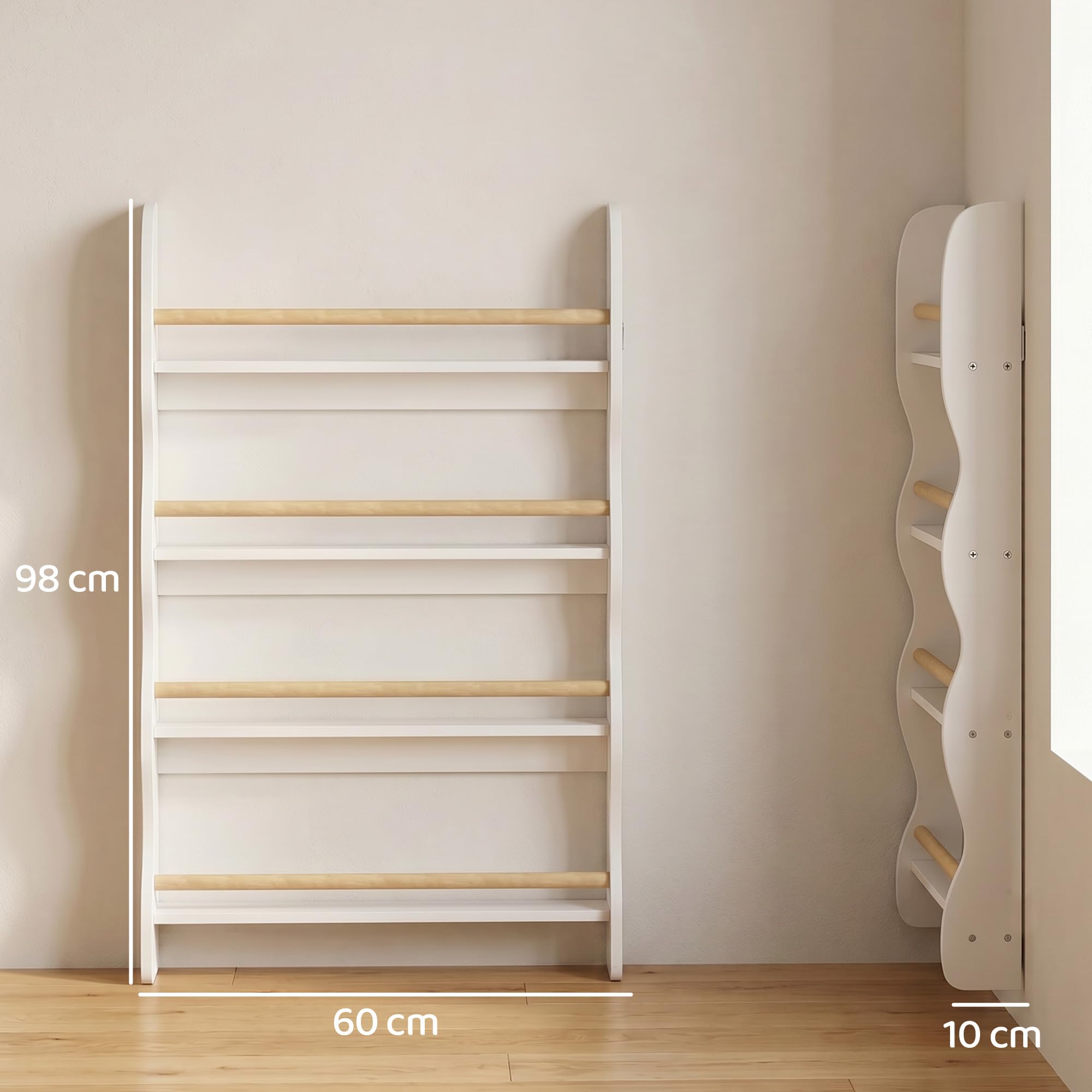 AIYAPLAY Bibliothèque Murale pour Enfant,Rangement Livre 4 Niveaux, Blanc