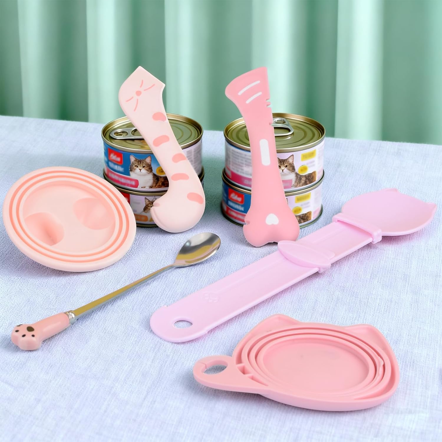 Pet Food Can Lids & Spoons Set，6 PCS Silicone Pet Food Can Lids with Multi-Function Cat Foods Spoon and Opener Cat Bar Squeezer Stainless Steel Wet Foods Spoons for Dogs (Pink)