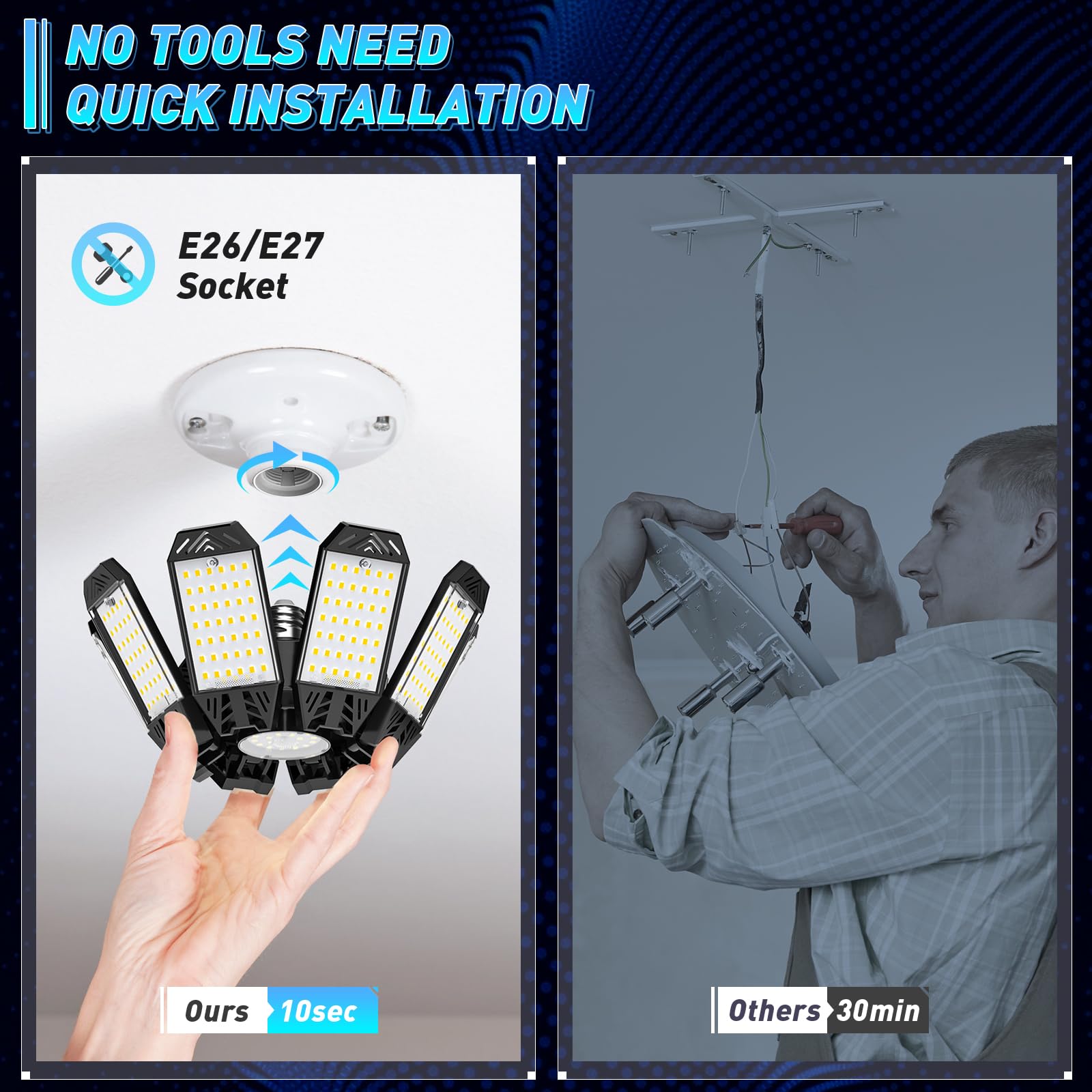 Garagenlampe LED 210W - 6 Stück 21000LM 6500K Sehr Helle LED Werkstatt Deckenleuchte mit 8+1 verstellbarem Panel, Einschraubbare E26/E27 Fassungen Garagenbeleuchtung für Garage, Lager, Keller