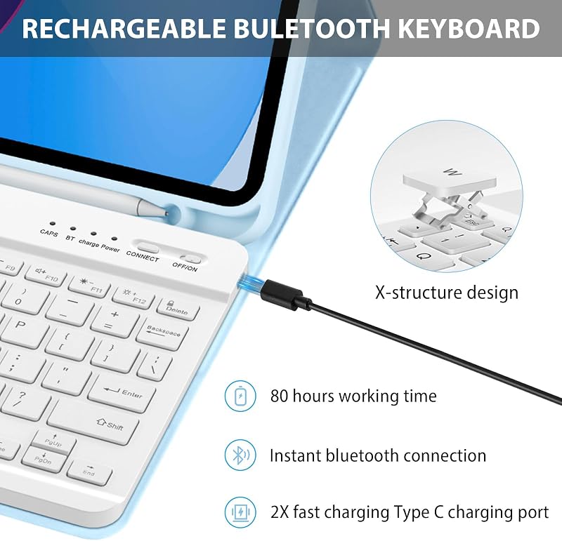 KBCASE iPad 10. generáció billentyűzetes tok ceruzatartóval, Bluetooth billentyűzet