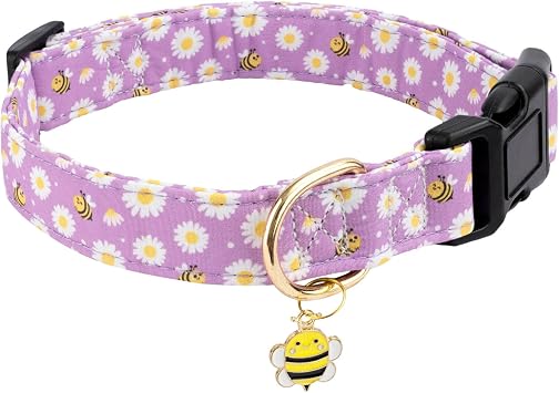 Cotton Dog Collar,Soft and Cute Puppy Collars with Bee Patterned Design for Girl Female Boy Dogs,Adjustable Buckle Pet Collar for Small Medium Large Dogs Purple Bee, S