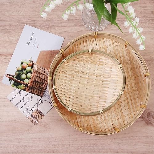 Miniatura 4 de 1 x tamiz redondo de bambú, hecho a mano, cesta tejida de mimbre para alimentos y verduras, almacenamiento de cocina (10.2 in)