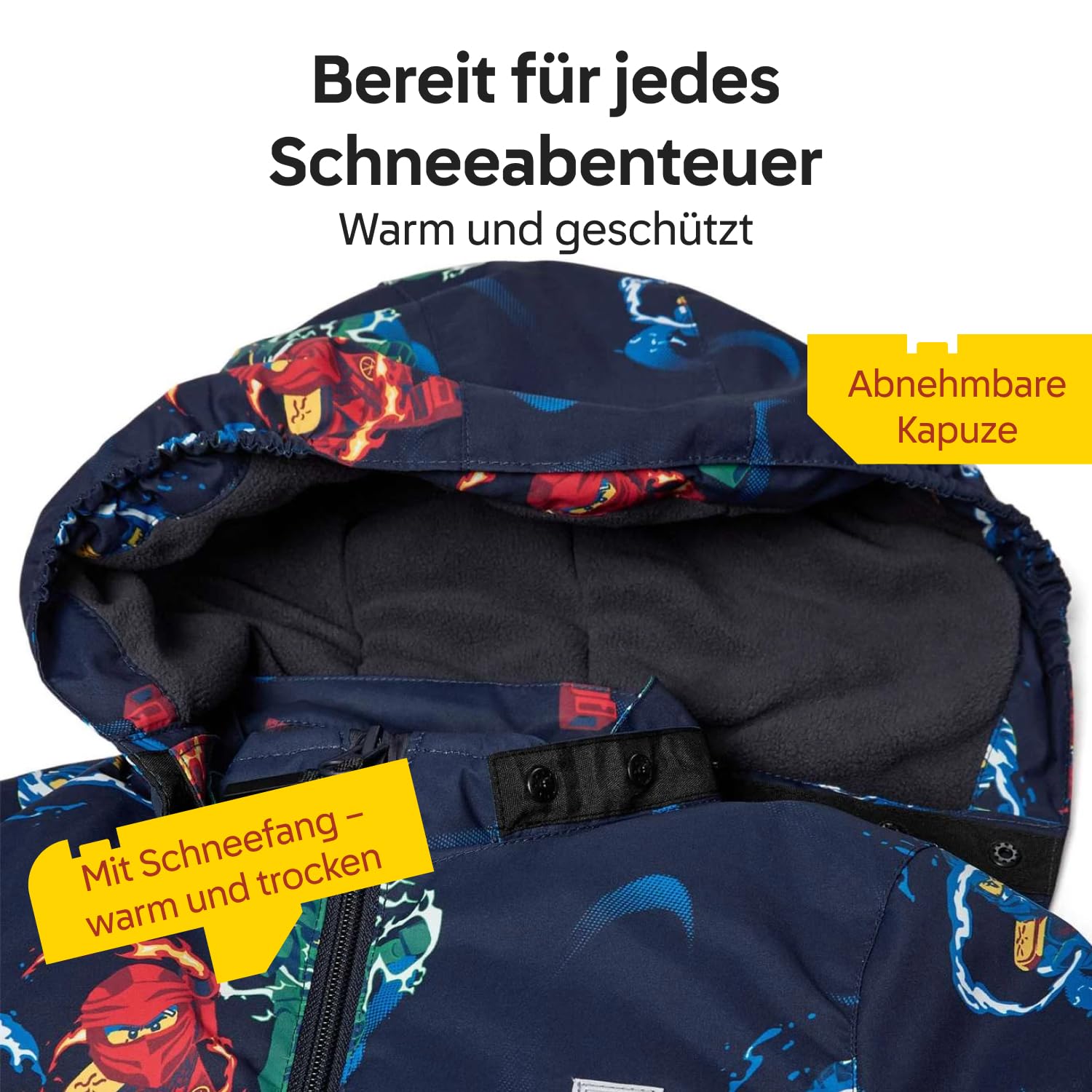 Kabooki LEGO® NINJAGO® Winterjacke für Jungen - Winddichte & Wasserabweisende (3.000 mm) Jacke mit All-Over Print | Abnehmbare Kapuze, Fleece-Futter & 3M Reflektoren