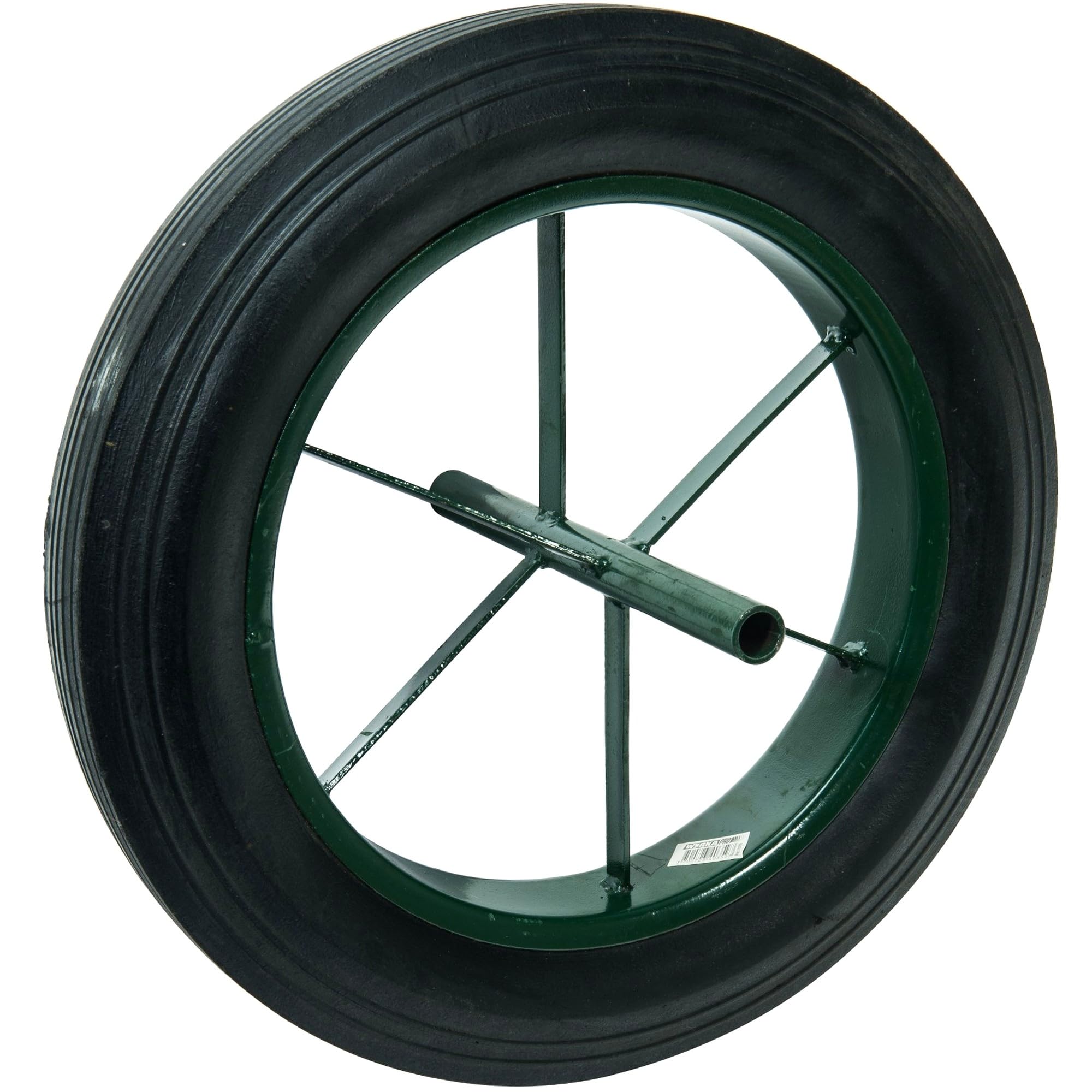 WERKA PRO Roue Increvable 15'' - Pneu Dur Ø385 x 66 mm - Axe 20 mm - Jante Métal - Pour Brouette Jardin - Alésage 20 mm - Longueur Axe 242 mm - Couleur Jante Verte - Usage Bricolage