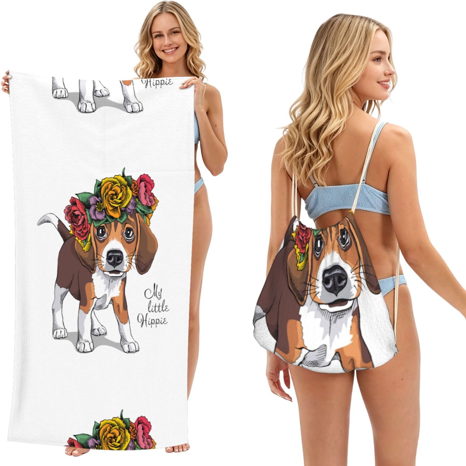 Poadnly As Picture Puppy Beagle Floral Head Wreath, 2 In 1 Packable Towel Bag, Beach Towels With Drawstring Backpack For Travel Holiday Camping