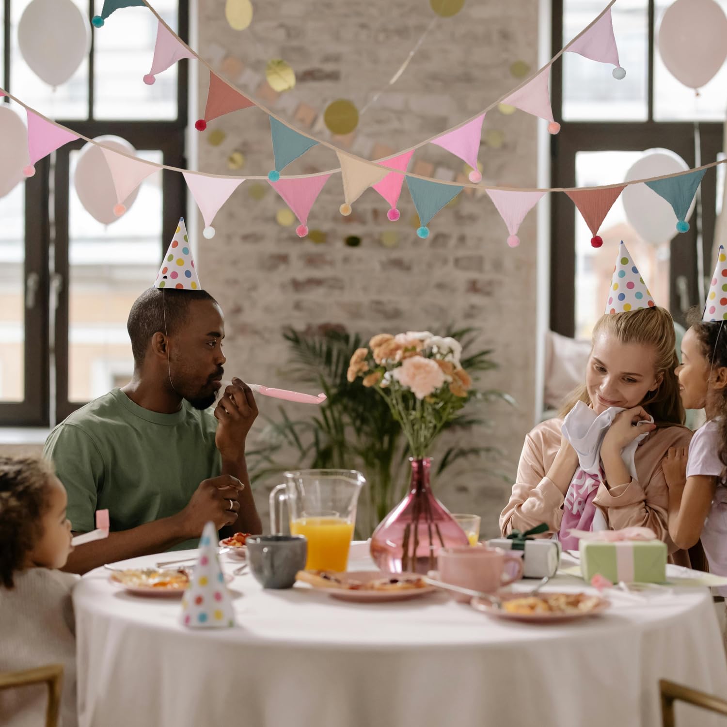 Fabric Bunting Banner, 2 Pack Handmade Neutral String Banner with Felt Ball Each 8.5 ft 10 Flags Nursery Wall Hanging Wedding Birthday Home Baby Shower Party Decoration Bunting (Pink Candy 2 Pack)