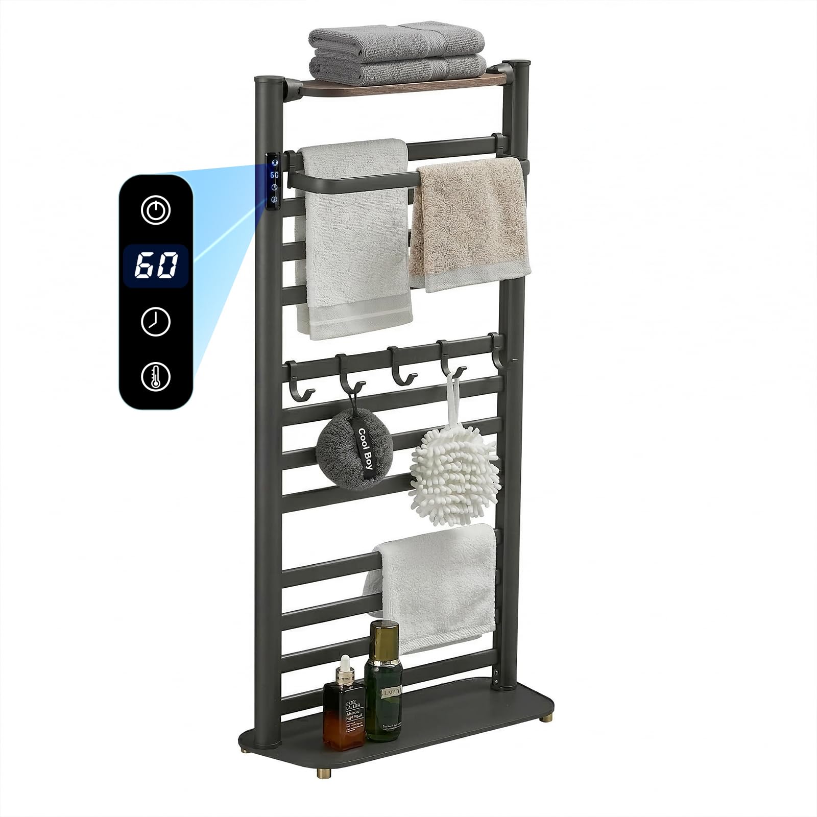 VelvetWarm Heated Towel Rail Self-Adhesive & Wall Mounted,12 Bar 920x470mm Electric Towel Rail with Thermostat,Gary Flat Bathroom Ladder Electric Towel Radiator