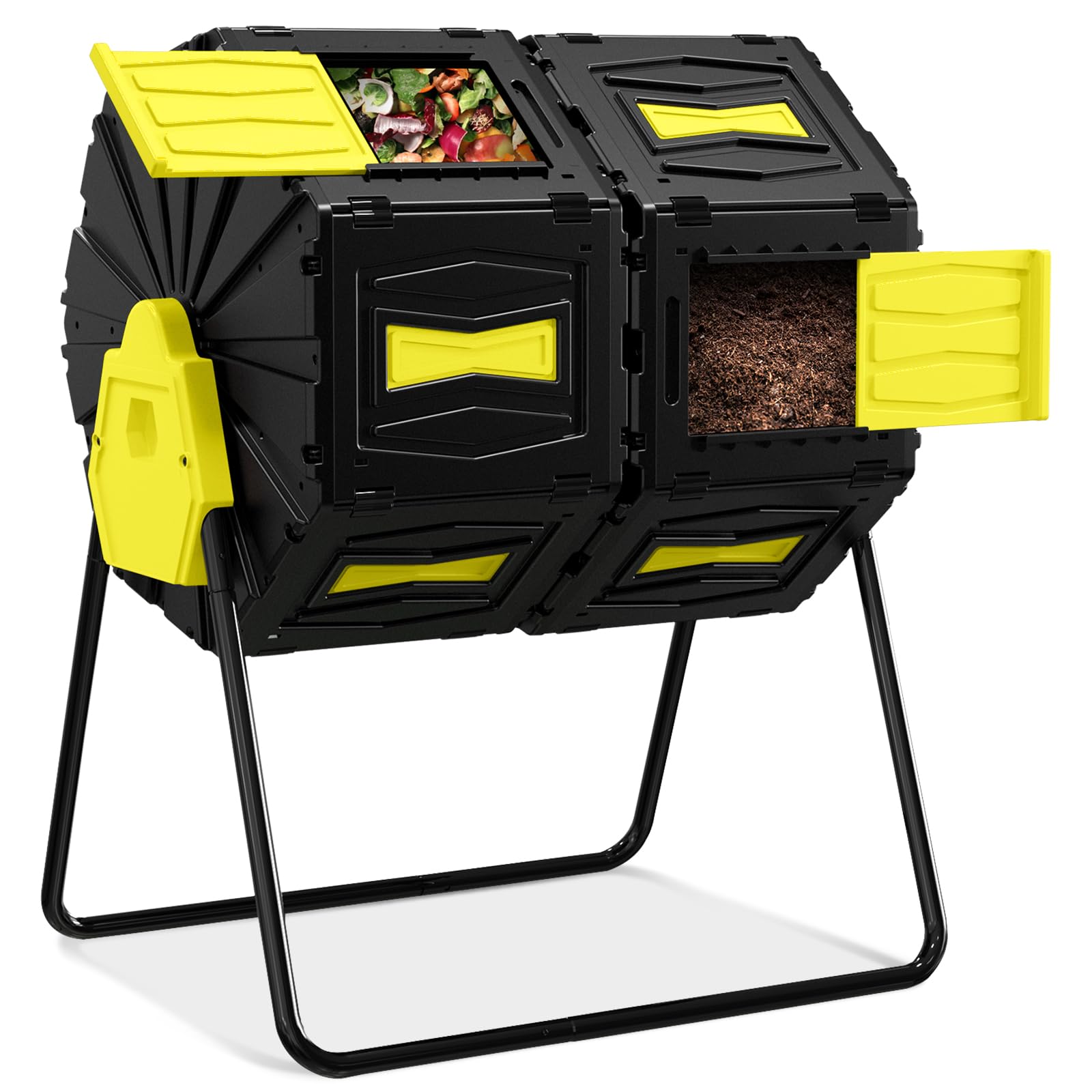 Compost Tumbler, Easy Assemble & Efficient Outdoor Compost Bin, 45 Gallon/170 Liter Large Dual Chamber Rotating Composter for Garden, Kitchen, and Yard Waste, Yellow Door