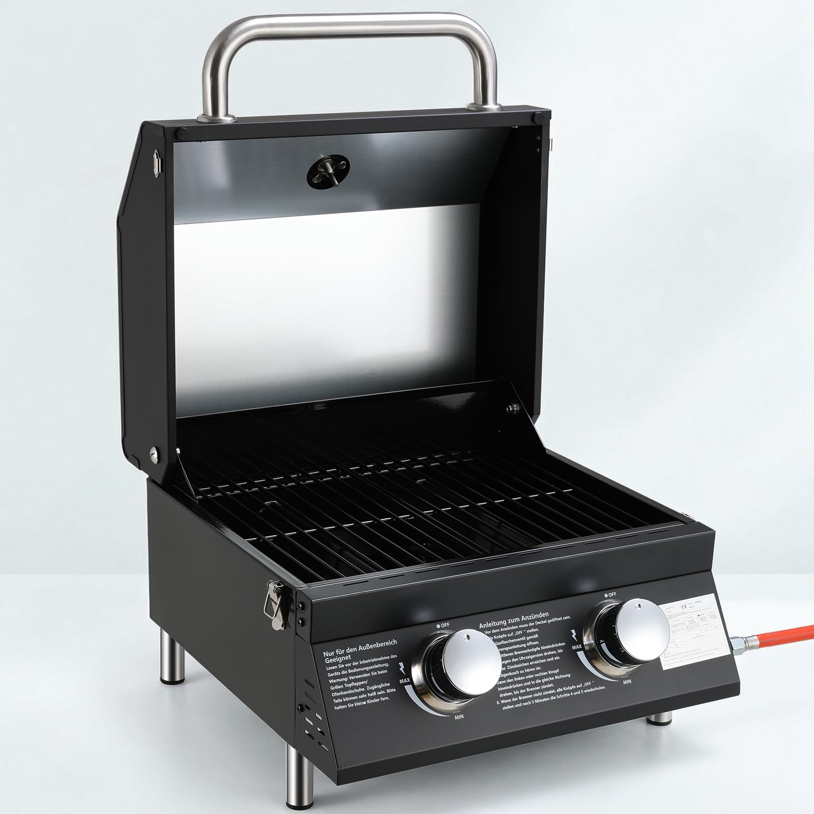 TLSUNNY 2 Brenner Gasgrill Klein, Tragbarer Tischgasgrill Kompakt mit Emaillierter Grillrost, Thermometer, Camping Gasgrill für BBQ, Balkon, Garten, 4.4kW, 42x33 cm Grillfläche, 4 PCS Füße, Schwarz