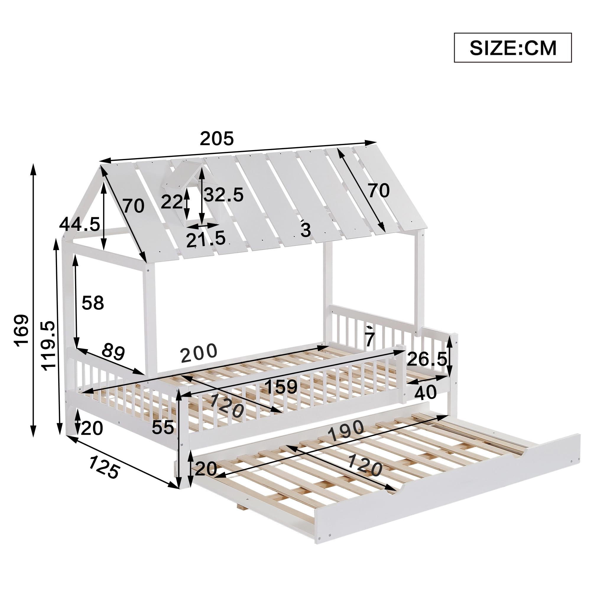 LAKFEW Cama Casita Cama Infantil 120x200 cm con Cama Nido, Camas Montessori Infantil con Techo y Barandilla de Seguridad, Camas Infantiles para 2 Niños, Blanco, Sin Colchón