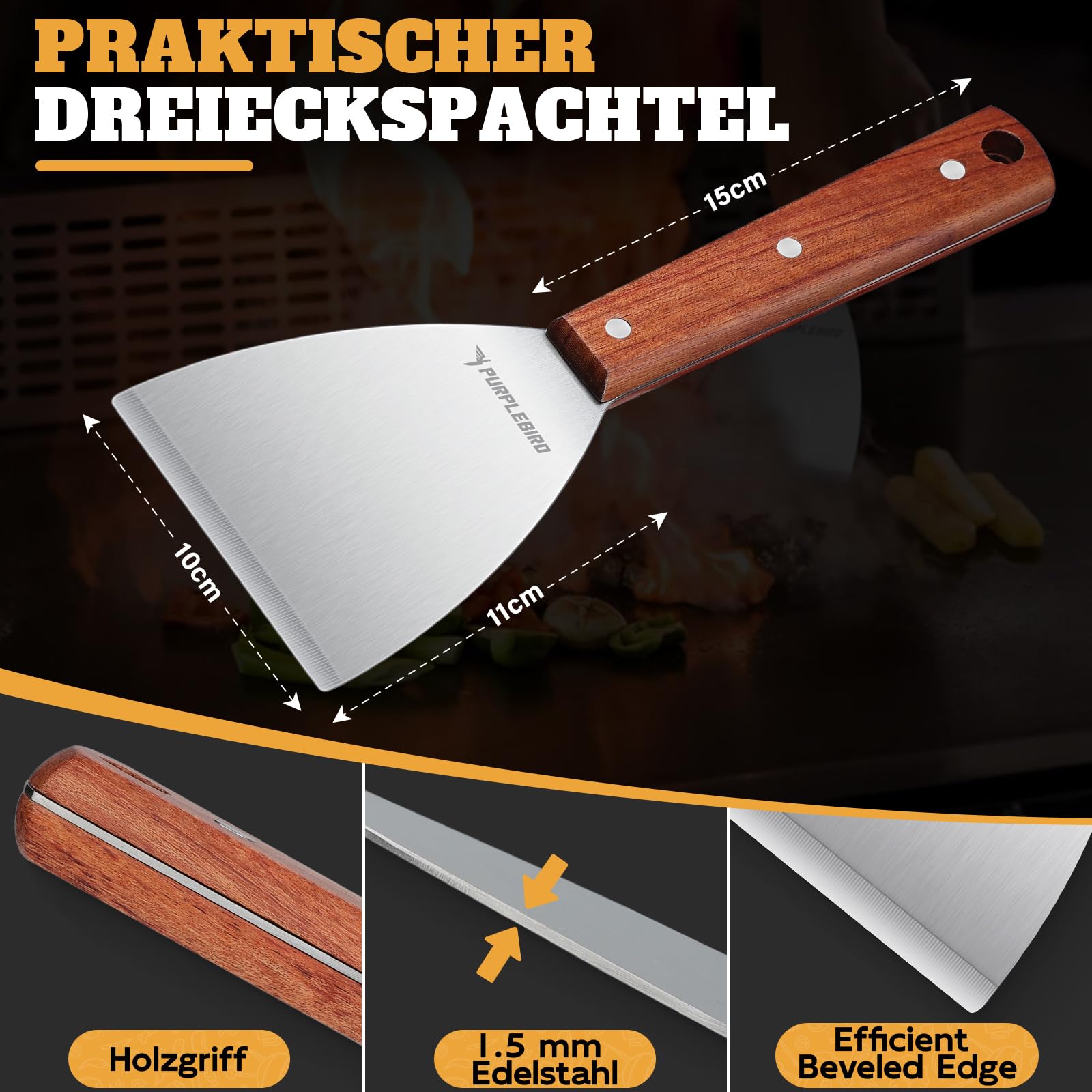 Set 3 Spatole Da Barbecue In Acciaio Inox - Con Coperchio Hamburger E Manici In Legno - Foto 2