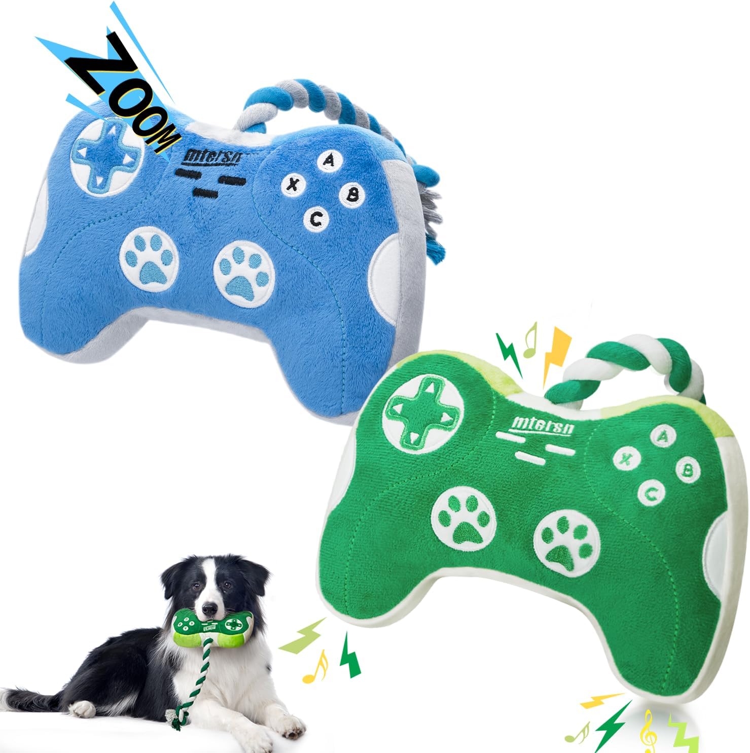 MTERSN Dog Toy Duo: Blue Game Controller Plush Toy & Green Gaming Controller Dog Toy