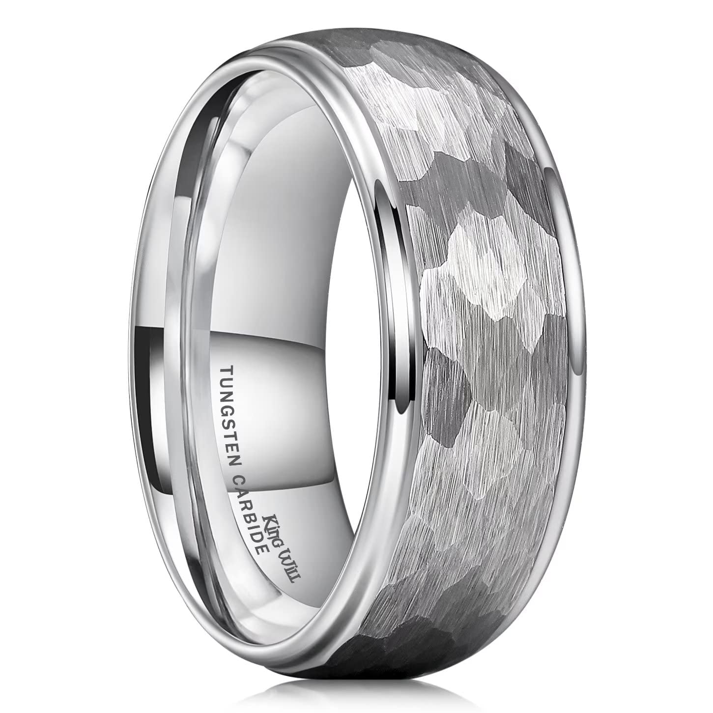 King WillHammer 8mm Silver Tungsten Ring Hammered Multi-Faceted Men Wedding Band Polished Domed Brushed Step Edge Comfort Fit