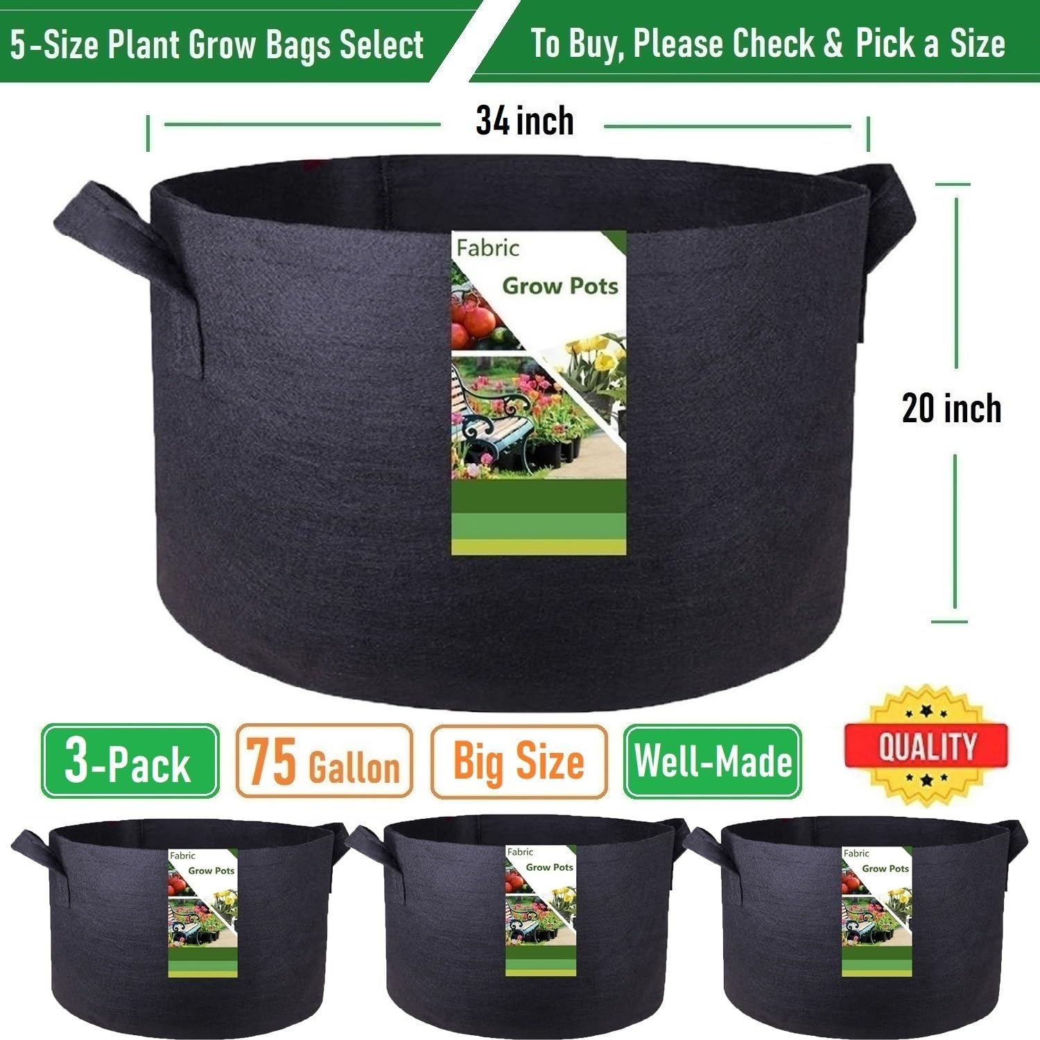 Paquete de 3 bolsas de cultivo gruesas de 75 galones grandes (34 x 20 pulgadas), bolsas de jardín resistentes para plantas de tomate, maceta de patatas, plantas de hierbas y verduras, maceta de barril