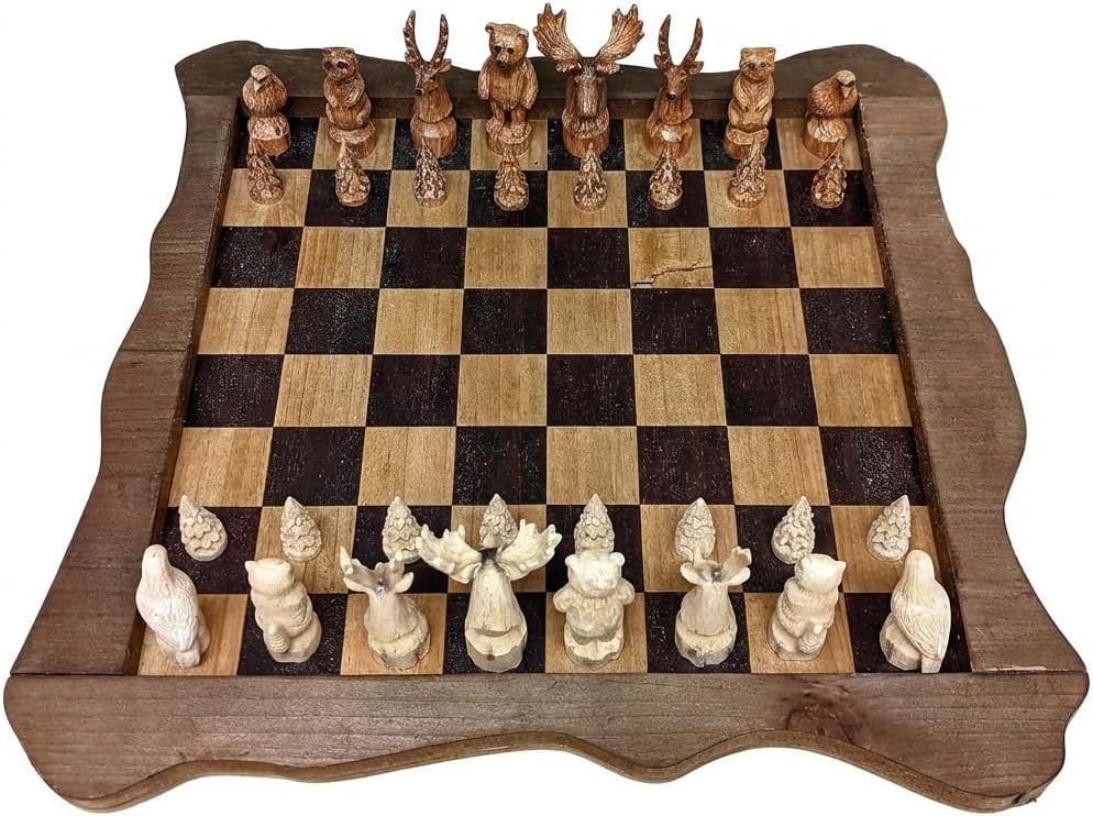 The Bridge Collection Forest Crowd Chessboard - Wooden Chess Board Set - Nice Chess Set for Adults - Exotic Chess Set for Mountain Lodge Cabin Decor