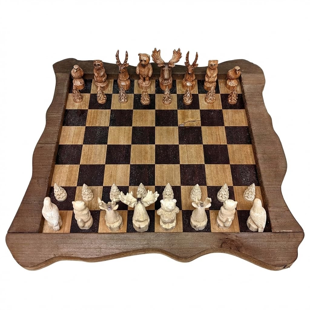 The Bridge Collection Forest Crowd Chessboard - Wooden Chess Board Set - Nice Chess Set for Adults - Exotic Chess Set for Mountain Lodge Cabin Decor