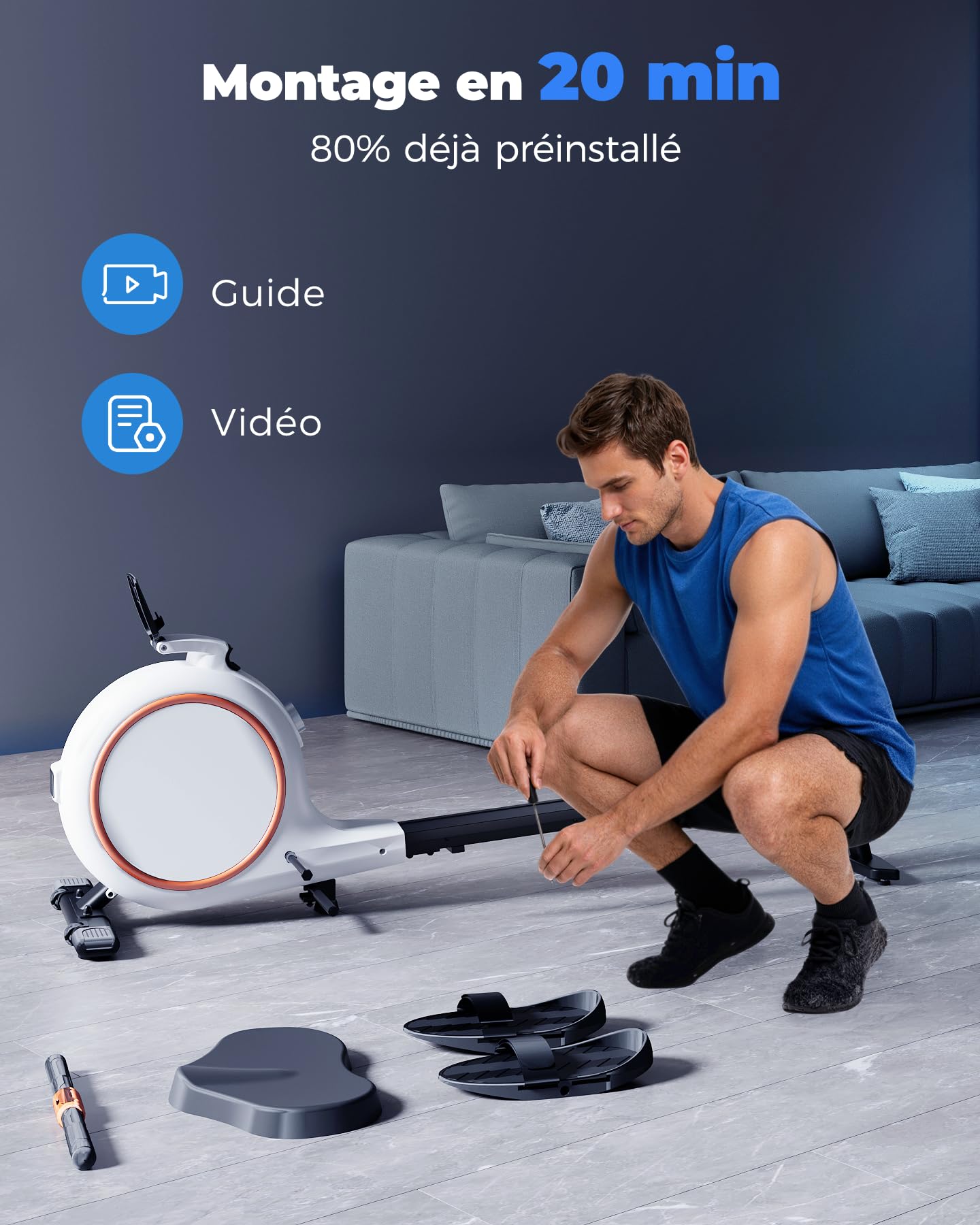 Copant Rameur Magnétique pour Usage Domestique, 32 Niveaux de Résistance, Max 136KG, Rameur Cardio APP Contrôle, avec Support de Tablette et Écran LCD