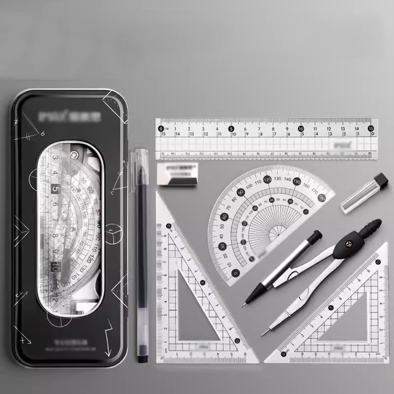 Mathe-Set, Winkelmesser-Set, Mathe-Geometrie-Set, 8-teilig, mit Aufbewahrungsbox, Schülerbedarf, Zeichenkompass, inklusive Winkelmesser, Linealen, Zirkel, Anspitzer, Minenminen, Bleistift, Radiergummi