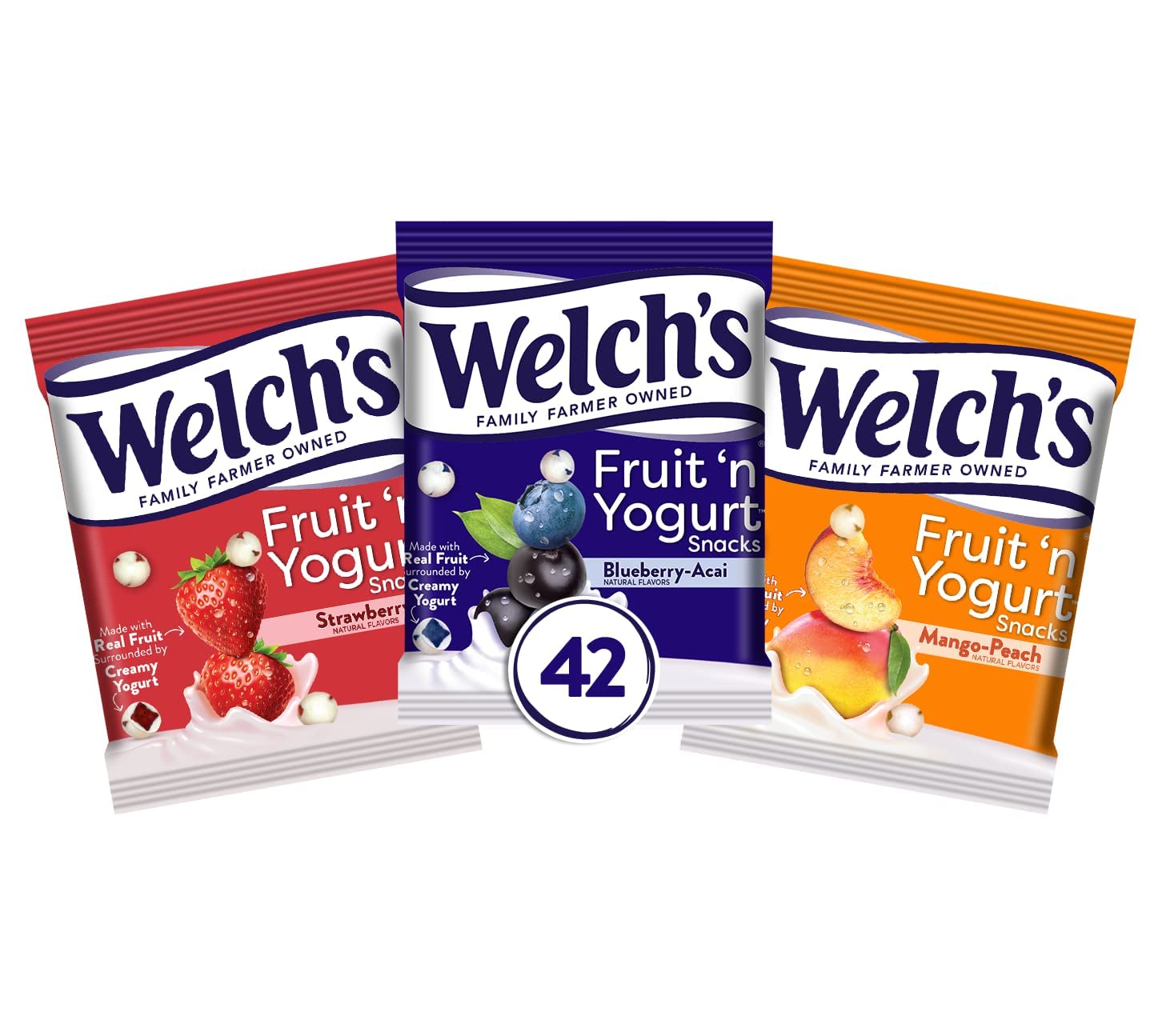 Welch's Fruit Snacks, Fruit 'n Yogurt Variety Pack, Strawberry, Blueberry Acai, Mango Peach, Bulk Pack, Individual Single Serve 0.7 oz Bags (Pack of 42)