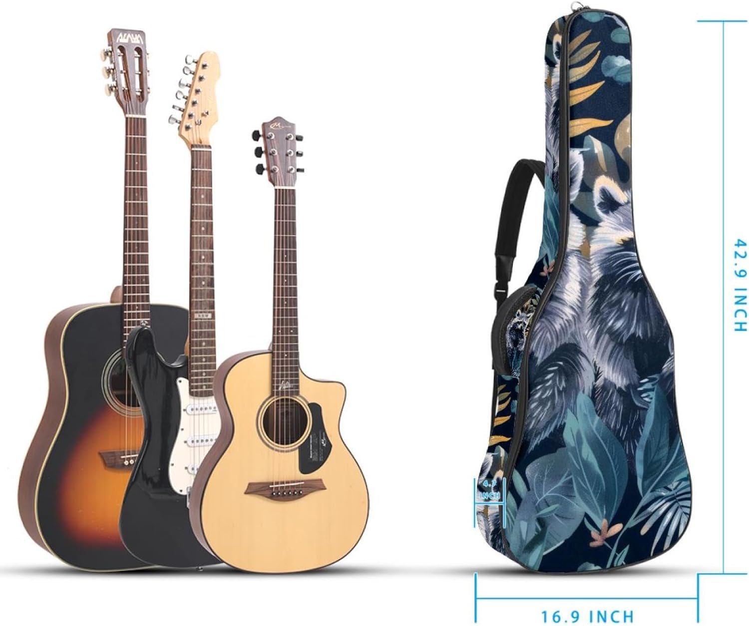 40 41 42 Inch Guitar Bags, Waterproof Padded Acoustic Guitar Case Backpack with Adjustable Shoulder Strap & Pockets, Cute Raccoon Jungle Pattern
