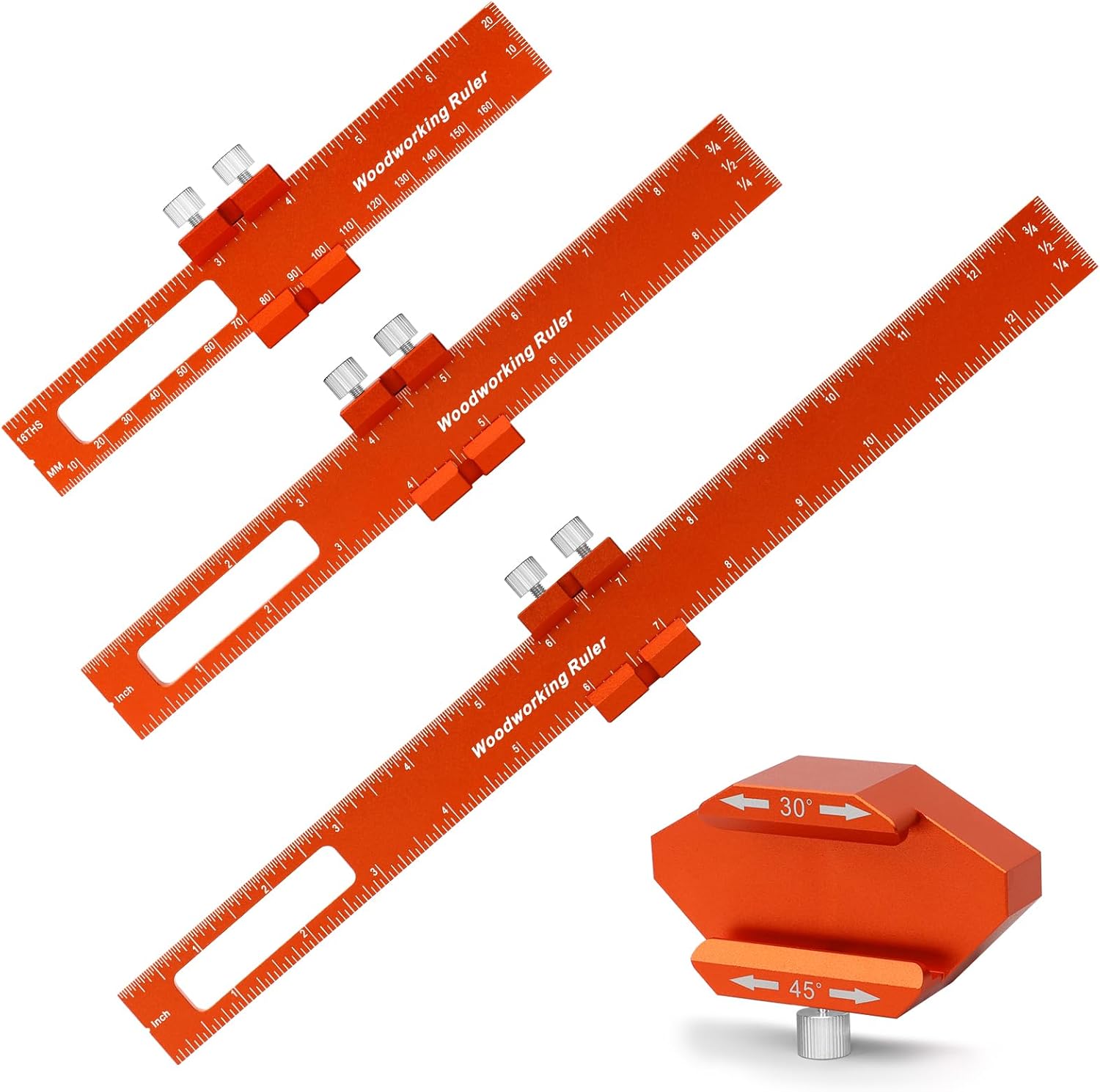 Cabinet Hardware Jig Tool - Adjustable Drill Template for Handles & Pulls on Drawers/Doors And Woodworking Ruler Set 3PCS(6/8/12-Inch) - Precision Aluminum Pocket Rulers with Dual Inch & Metric Scales
