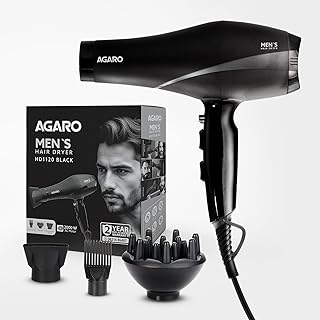 AGARO 2000W AC Professional Hair Dryer with Comb, Concentrator & Diffuser Nozzles, Hot & Cold Air, 2 Speed & 3 Temperature Settings with Cool Shot, 16A Socket, Hair Dryer & Blower for Men, Black