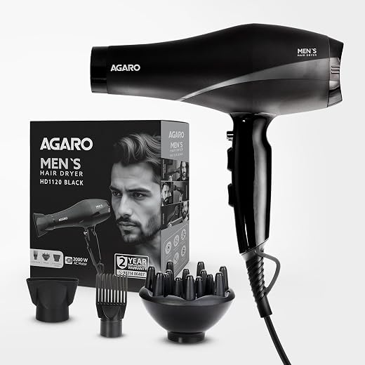 AGARO 2000W AC Professional Hair Dryer with Comb, Concentrator &amp; Diffuser Nozzles, Hot &amp; Cold Air, 2 Speed &amp; 3 Temperature...