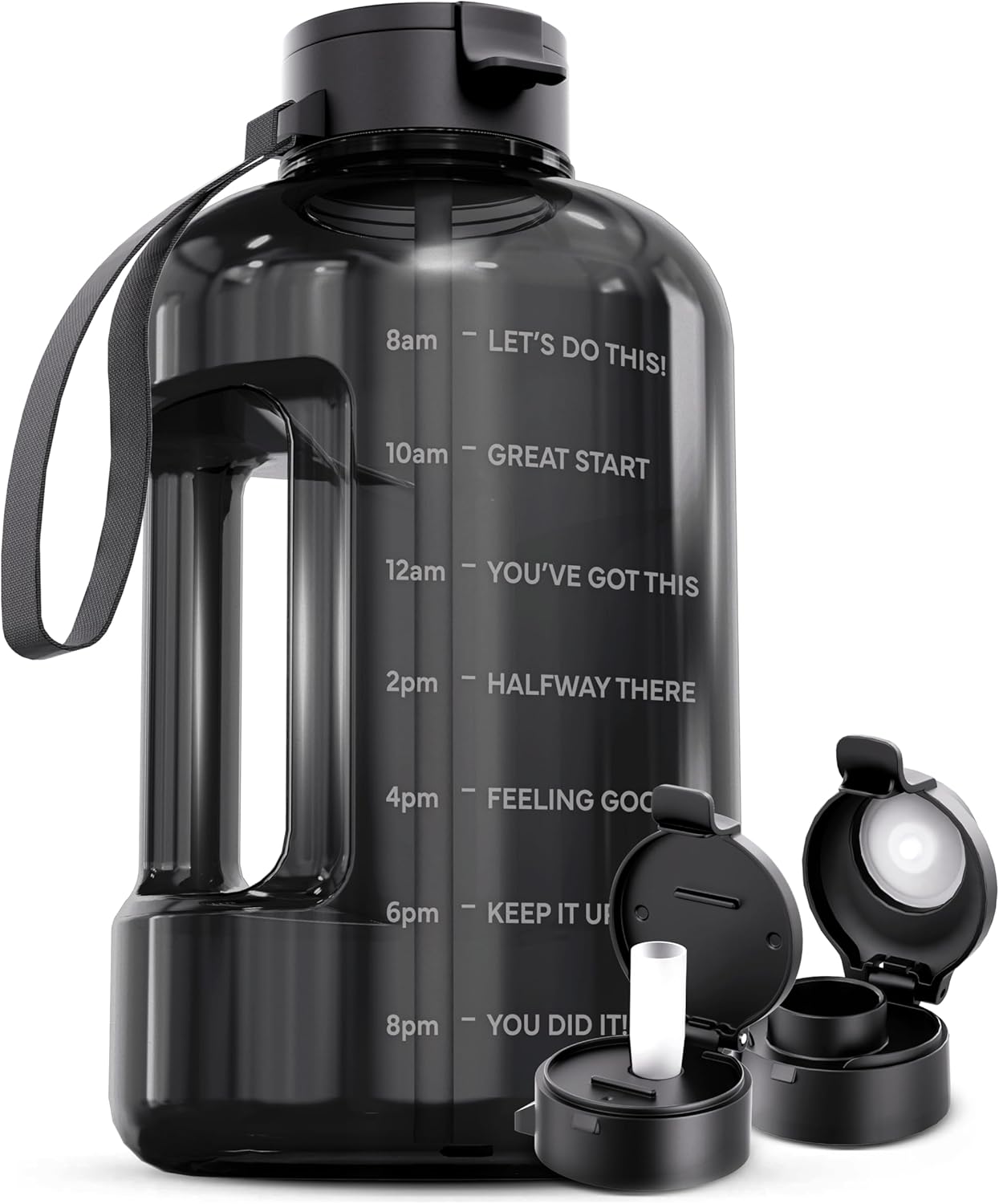AQUAFIT 128 oz Water Bottle with Time Marker - Straw & Chug Lid - BPA Free 1 Gallon Gym Water Bottle with Handle - Big Gallon Jug (Gray, 128 Ounces)