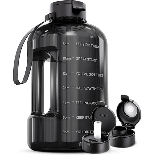AQUAFIT 128 oz Water Bottle with Time Marker - Straw & Chug Lid - BPA Free 1 Gallon Gym Water Bottle with Handle - Big Gallon Jug (Gray, 128 Ounces)