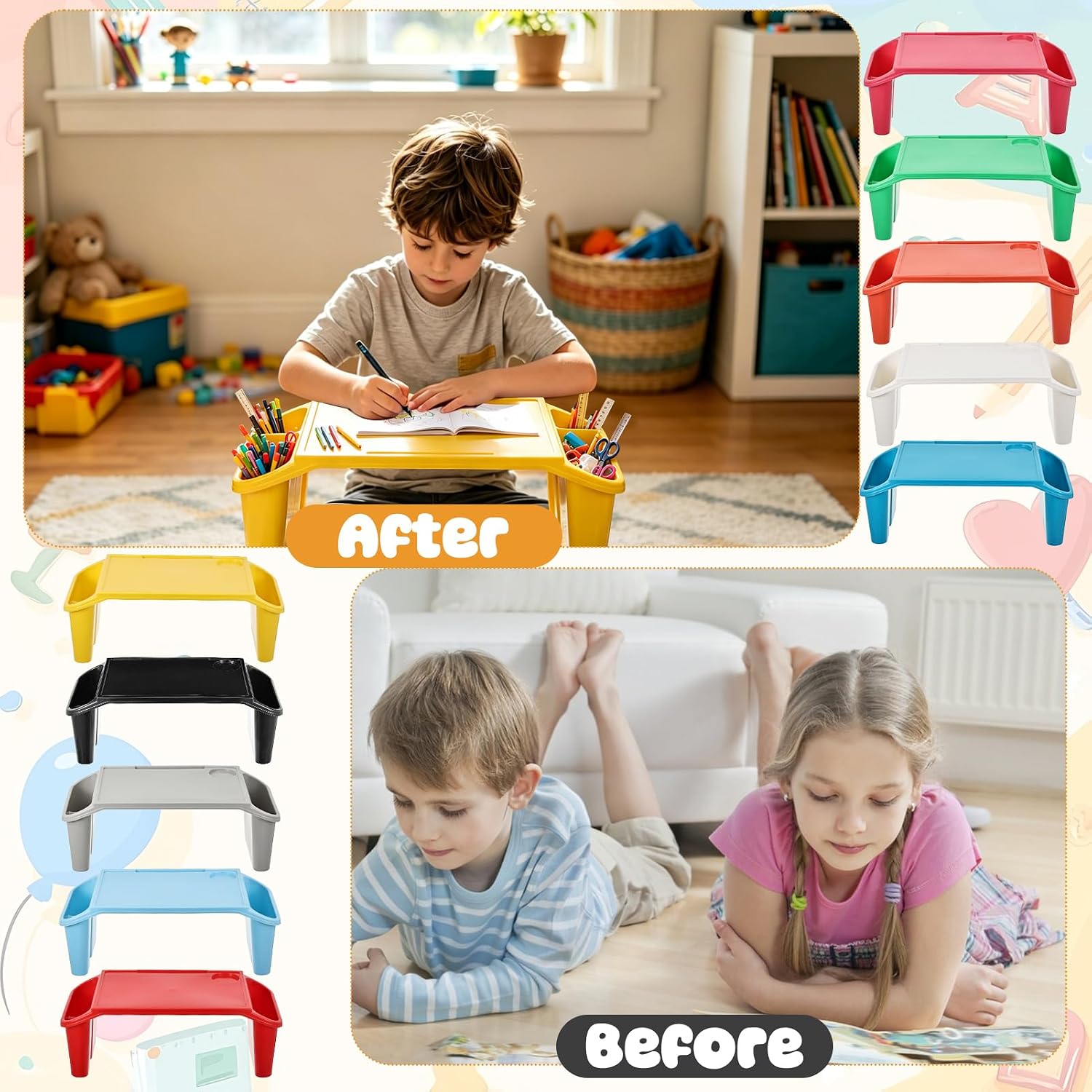 10 Pcs Kids Lap Desk Tray Bulk, Portable Lap Desk Kids Plastic Table with Side Storage Space, Colorful Lap Tray Bed Table for Students, Classroom, Study, Eating, Laptop & Activities image 4