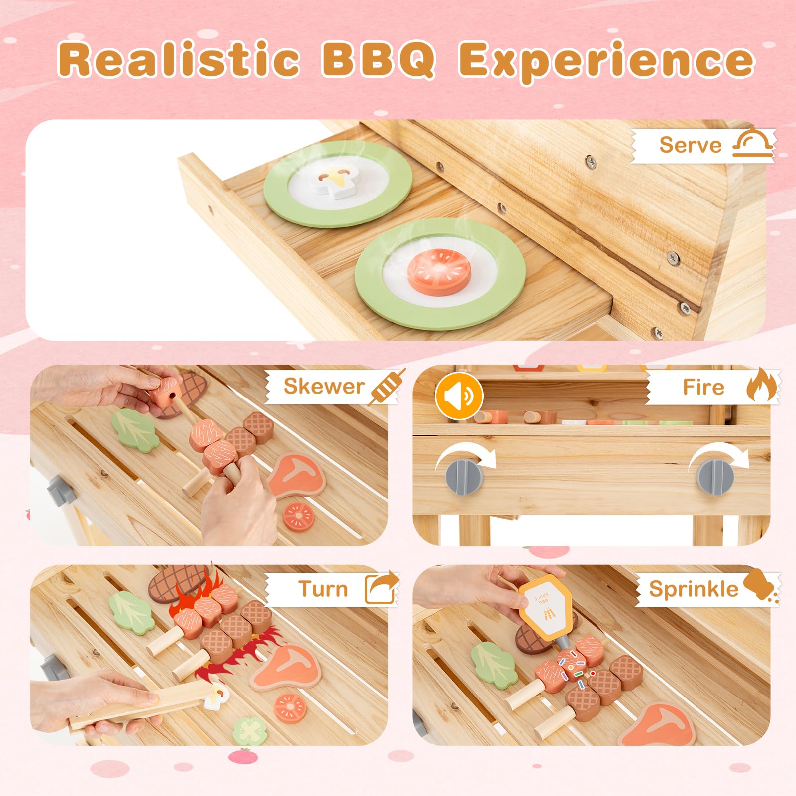 HOMASIS Cuisine de jouet d'extérieur pour barbecue avec ustensiles de barbecue et pots d'épices, ensemble d'imitation de cuisine pour enfants de 3 ans et plus, 53 x 36 x 63 cm, naturel