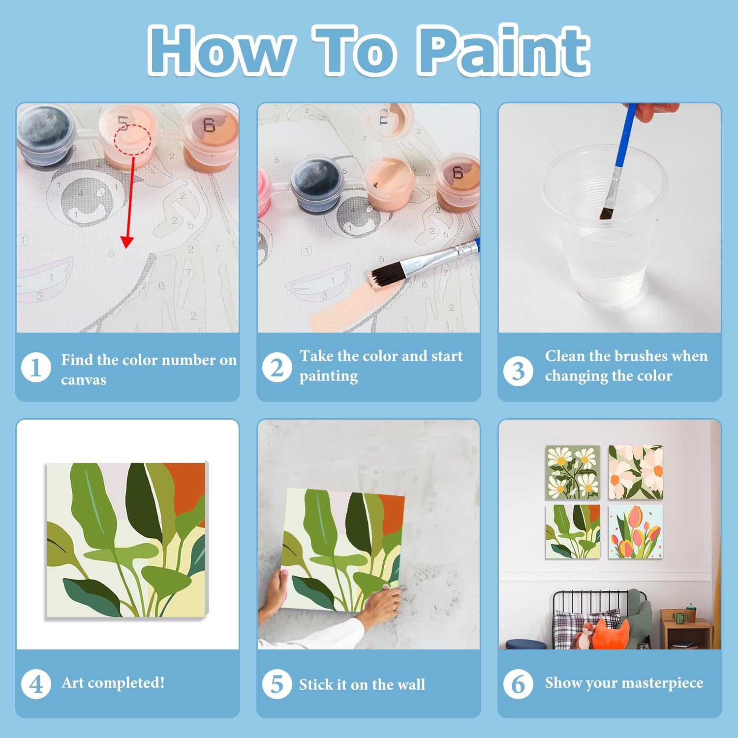 hkejoi 4 Pack Flowers Paint by Numbers Kit for Adults Framed - Small Easy Adult Paint by Numbers Kits, Acrylic Oil Painting Perfect for Home Wall Decor 8X8 Inch