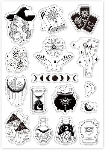 Miniatura 8 de PH PandaHall Sello transparente de tarot, sello de silicona con diseño de bruja de luna, sellos de goma transparentes para hacer tarjetas,