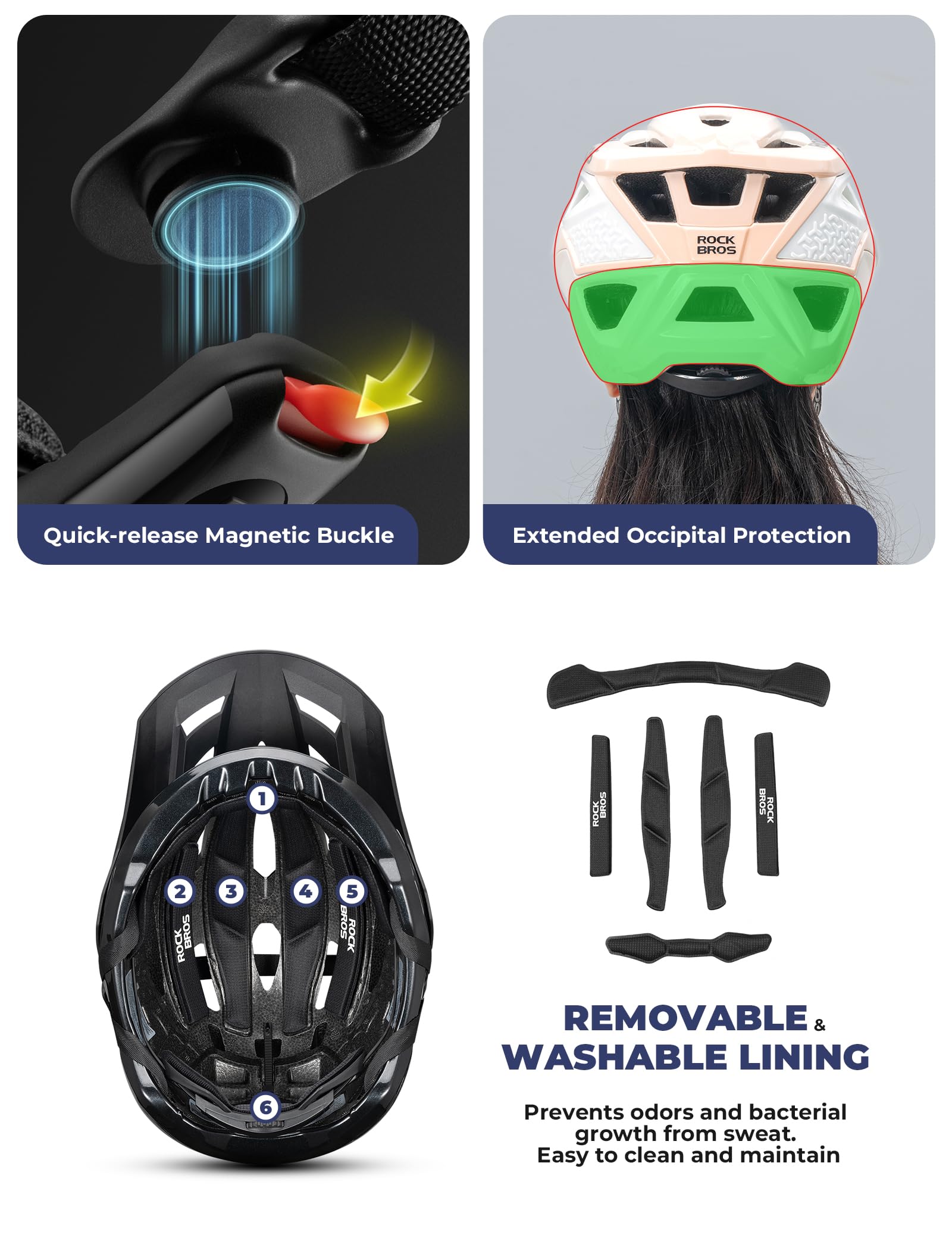 ROCKBROS Casco da Bicicletta con Visiera Regolabile Casco Bici Protezione Massima, Ventilazione Eccellente e Traspirante, con Chiusura Magnetica, Uomo Donna per MTB Ciclismo Downhill 58-62cm