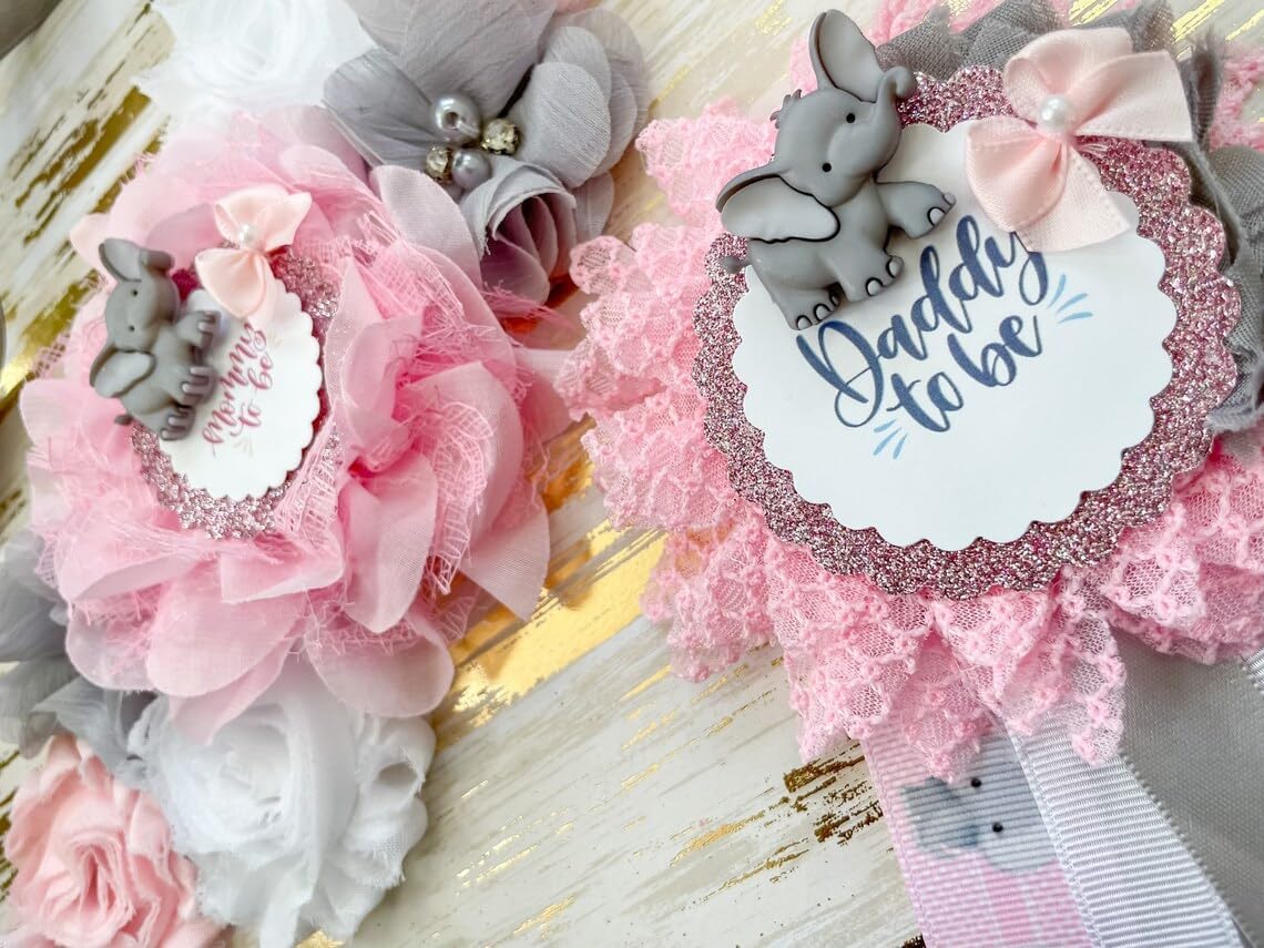 Pink Elephant Mommy To Be Sash & Daddy To Be Pin – Baby Shower Decorations, Maternity Corsage Set, Gender Reveal Party Keepsake