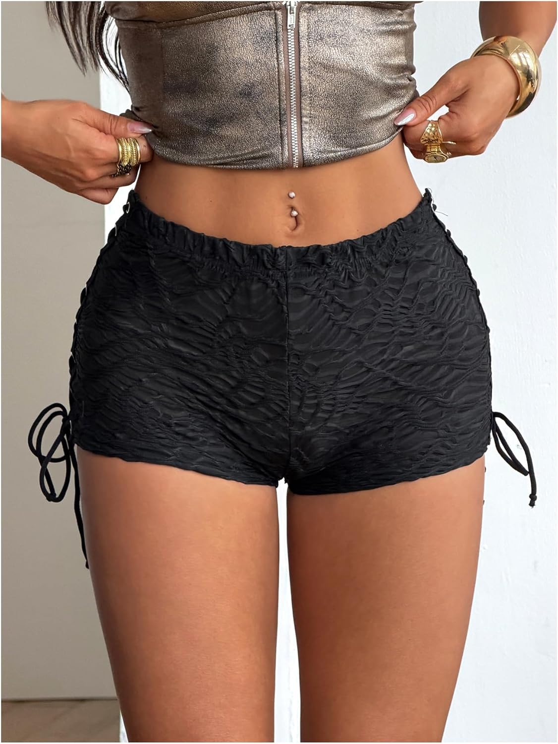 Milumia Women Lace Up Low Waisted Mini Shorts Tie Side Knot Rave Skinny Hot Shorts - Image 2