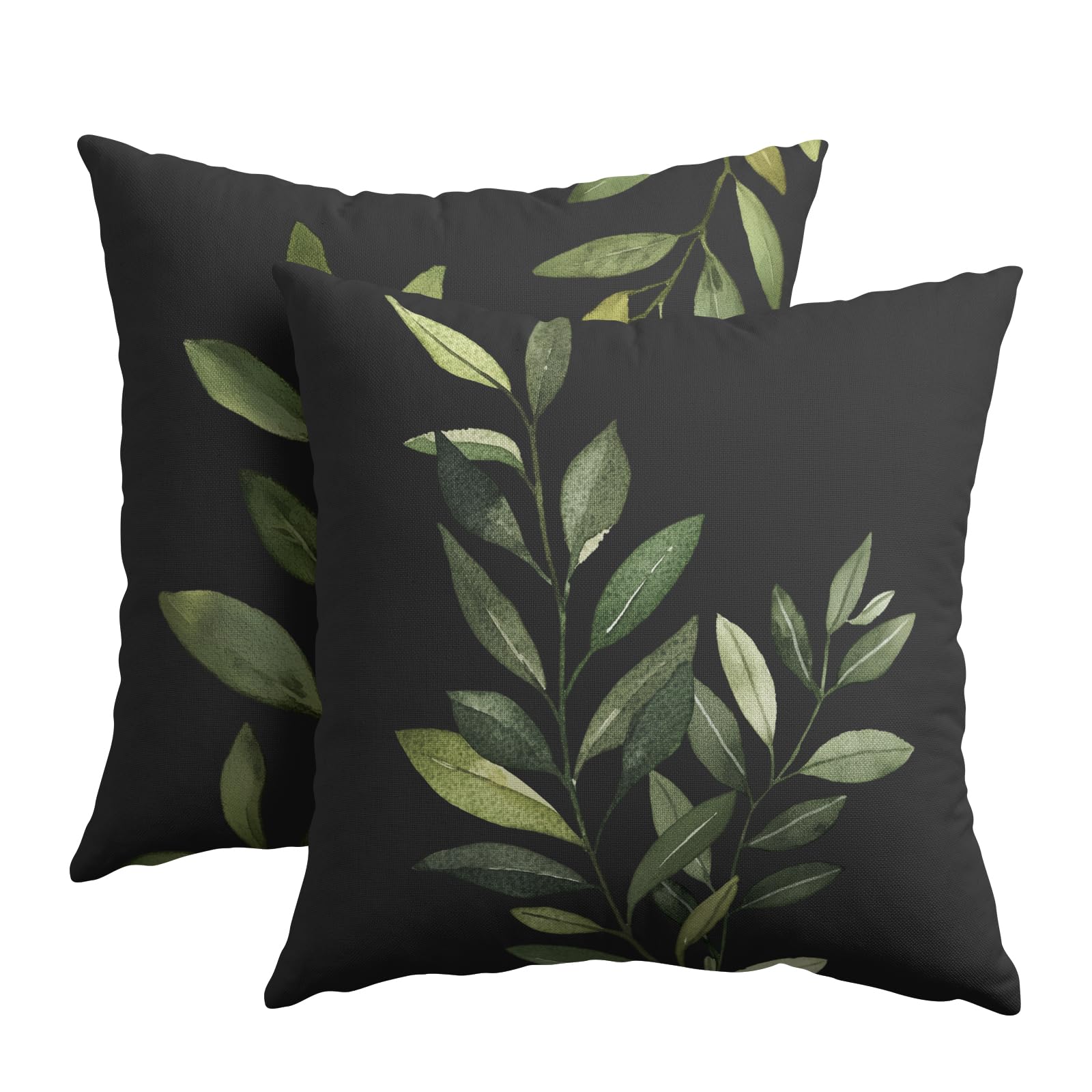 Kawani Green Leaf Throw Pillow Covers 22x22 Inch Set of 2 Spring Summer Plant Leaves Black Decorative Pillow Cases Double Side Printed Cotton Linen