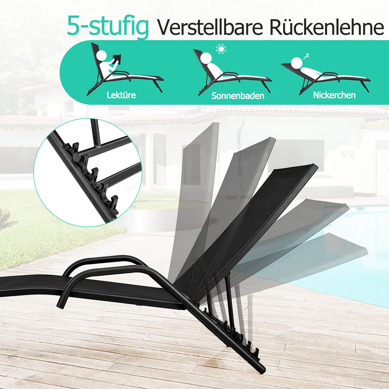 COSTWAY 2er Set Sonnenliege, Gartenliege mit 5-Fach Verstellbarer Rückenlehne, Liegestuhl bis 160 kg belastbar, Relaxliege für Garten, Balkon, Terrasse, 184,5 x 62 x 71 cm (Schwarz)
