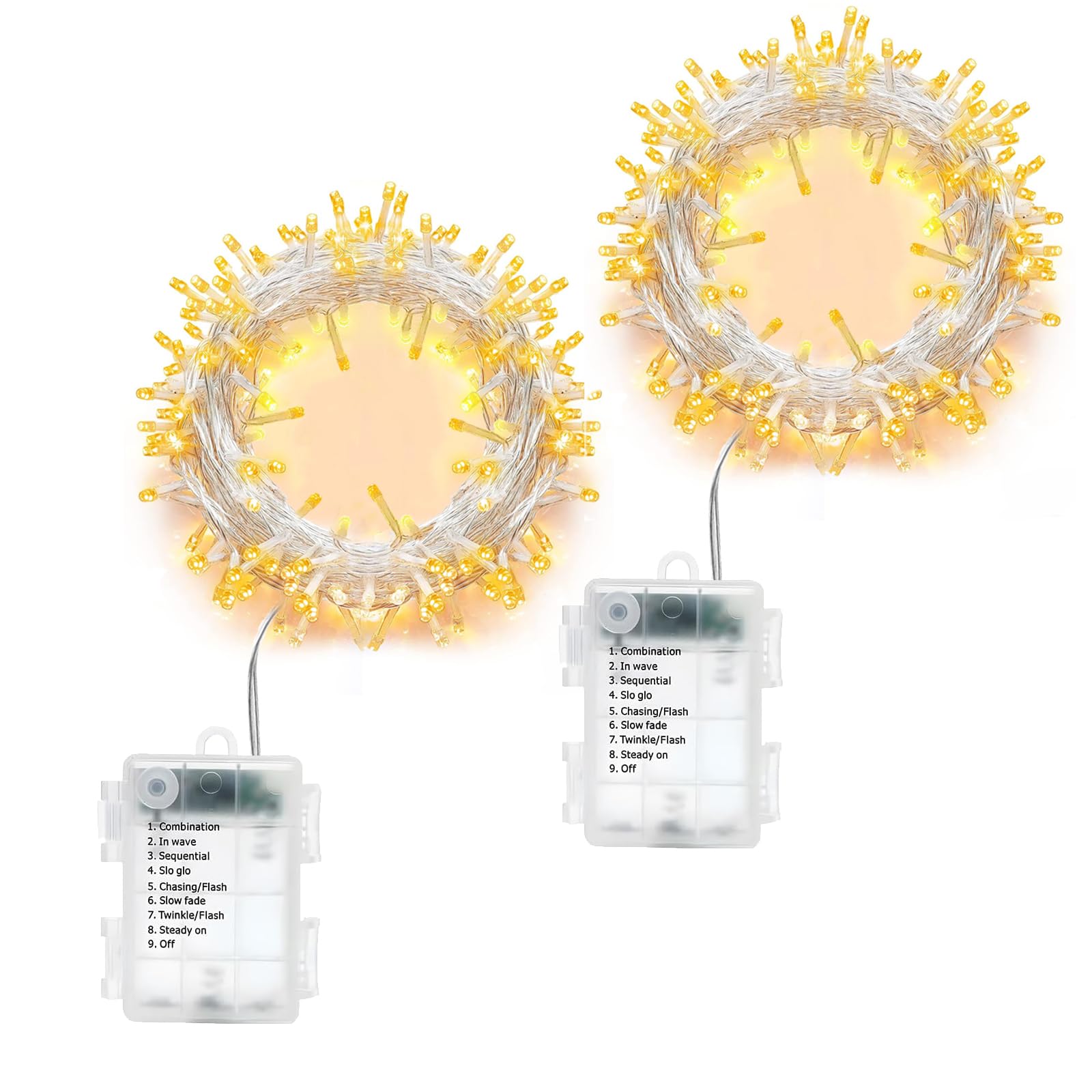 Cadena de luces con temporizador, 2 unidades, 5 m, 50 LED, para exteriores, funciona con pilas, con 8 modos, cadena de luz interior con batería, cable transparente para Navidad, balcón, boda,