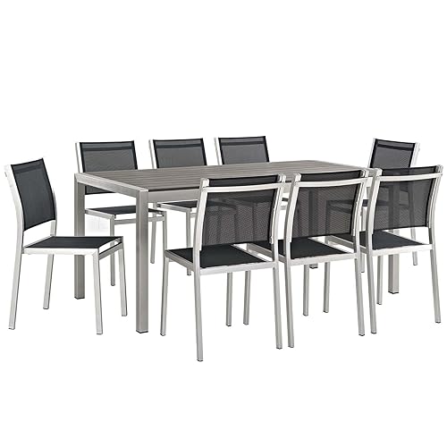 Modway Shore 9Piece Outdoor Patio Aluminum Dining Set in Silver