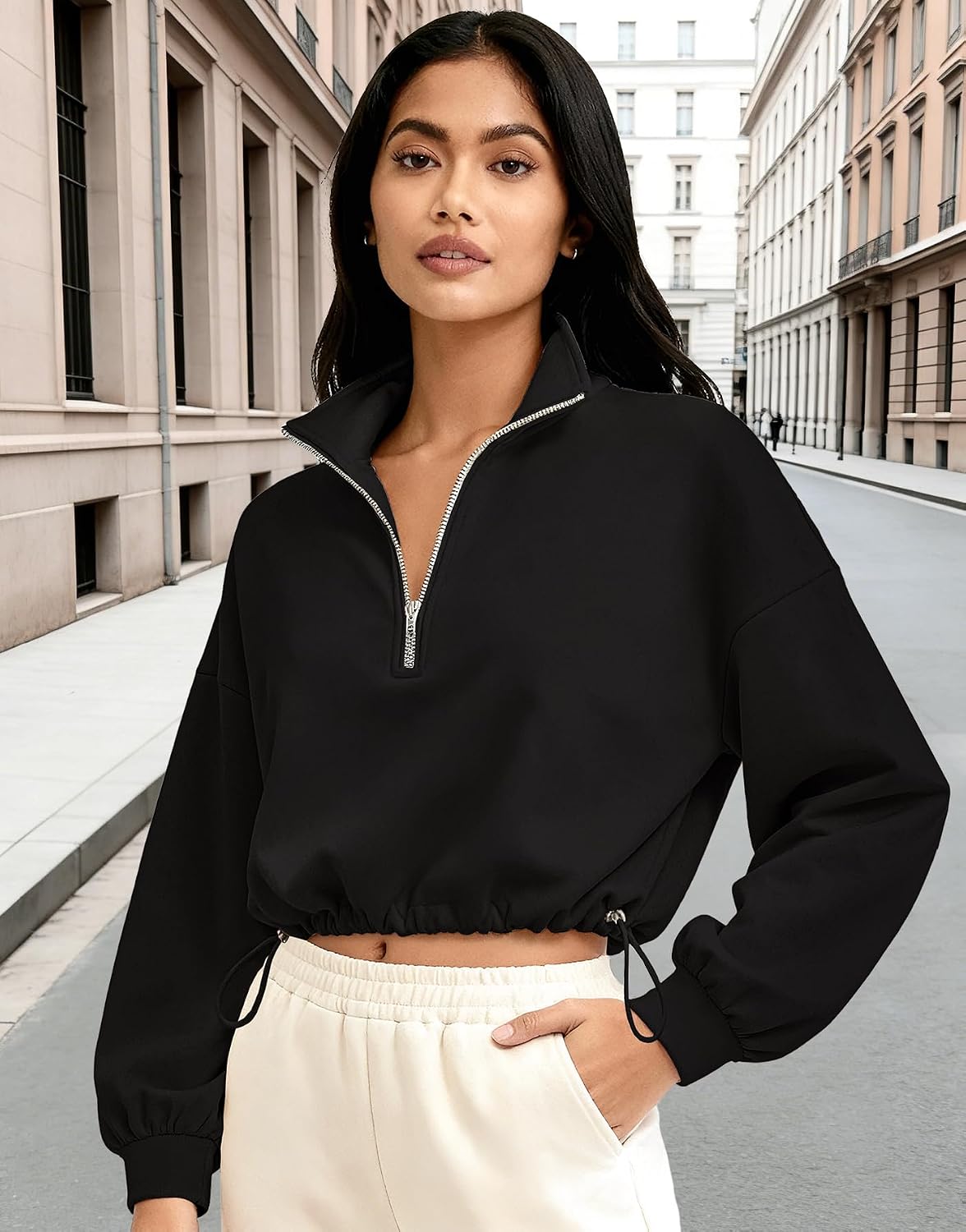 Women’s Half Zip Cropped Sweatshirt, Trendy Long Sleeve Collared Neck Drawstring Hem Pullover Sweatshirts