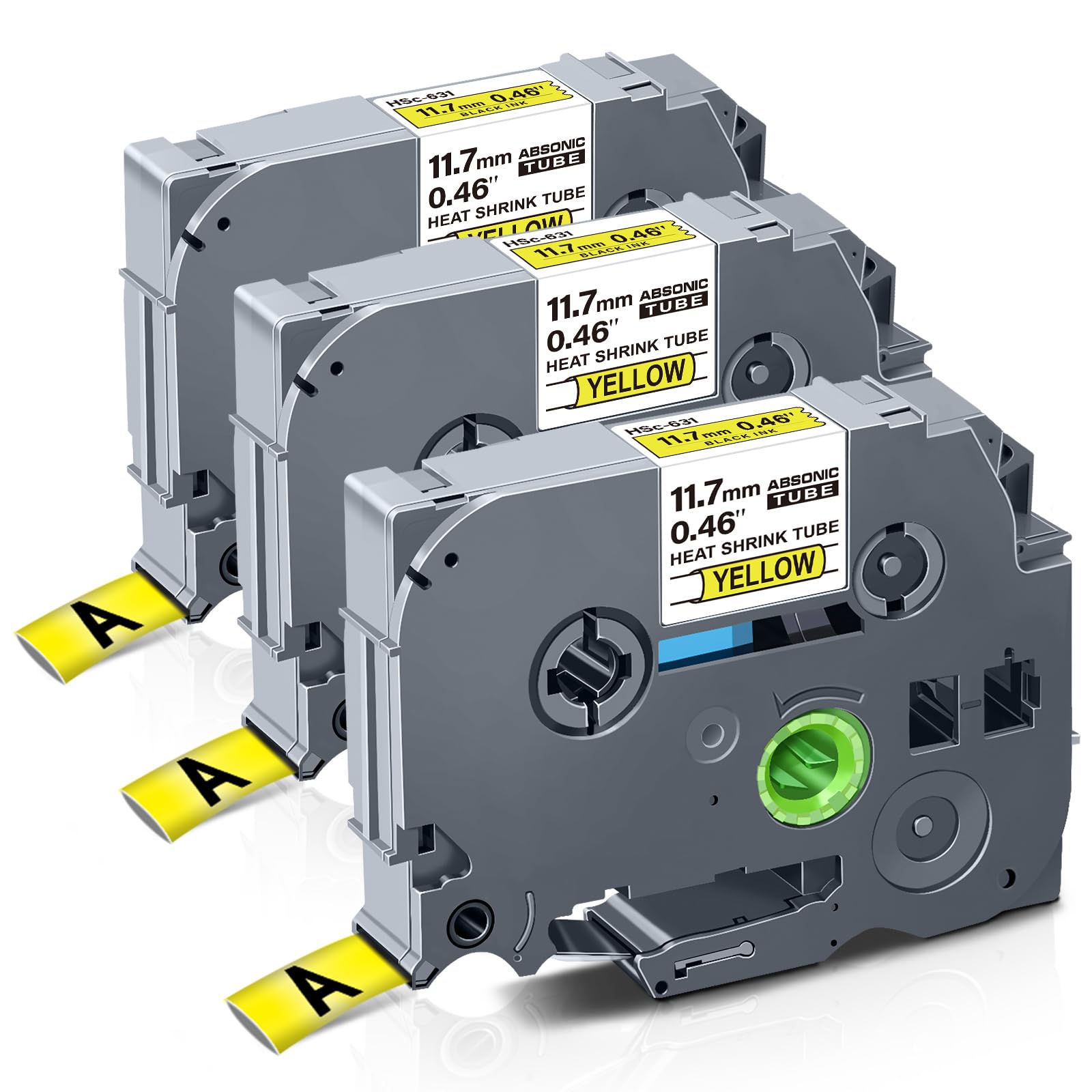 Absonic 3-Pack Compatible Heat Shrink Label Tape Replacement for Hse-631 Hse631 HS-631 HS631 11.7mm Black on Yellow Hse Label Tape for PTouch PT-E300
