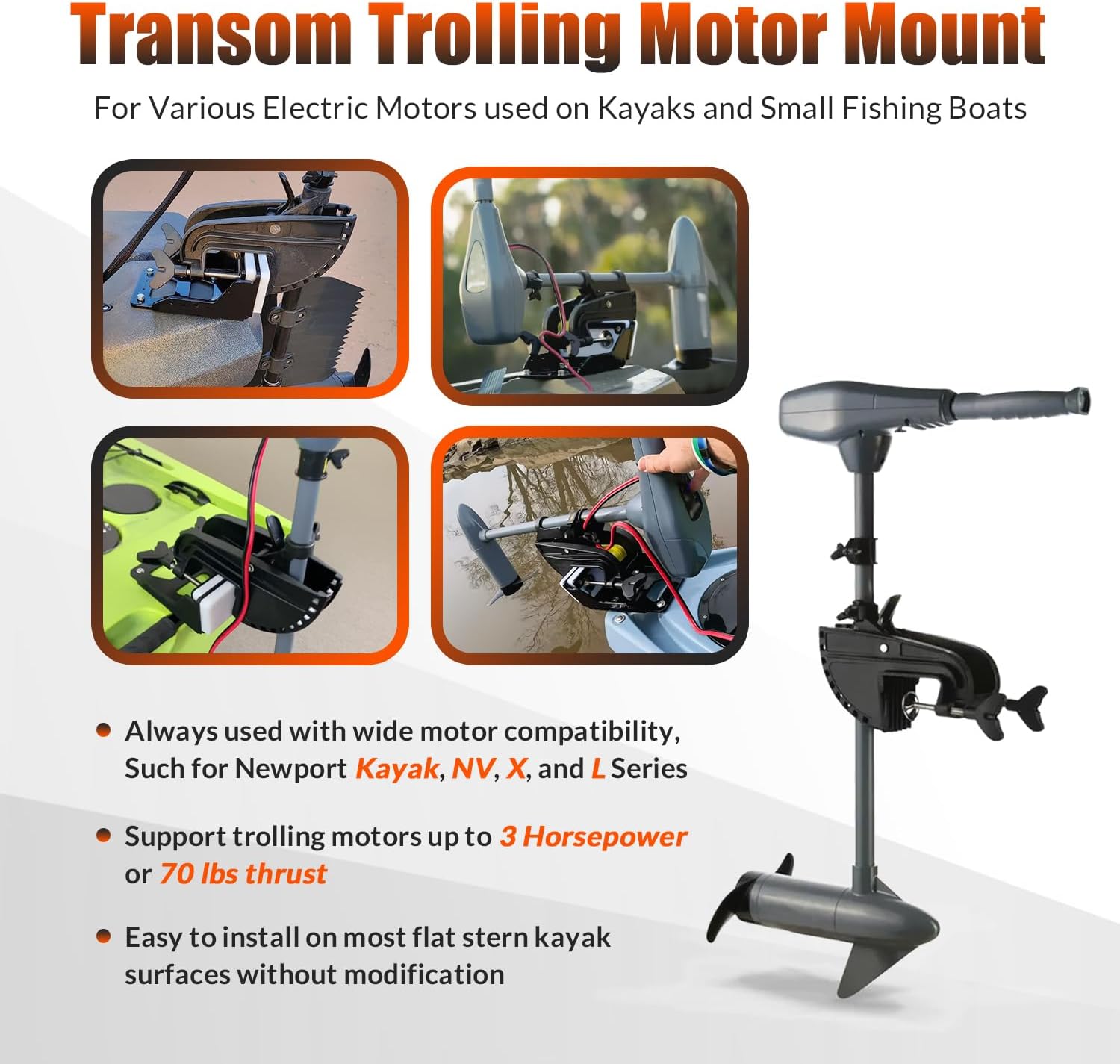 Transom Trolling Motor Mount for Kayaks, 6mm Thick Heavy-Duty Aluminum Transom Motor Bracket 3HP Max Thrust, 3.75" x 4.75" Bolt Pattern for Flat Stern Boats in Freshwater & Saltwater (1-Pack, Black)