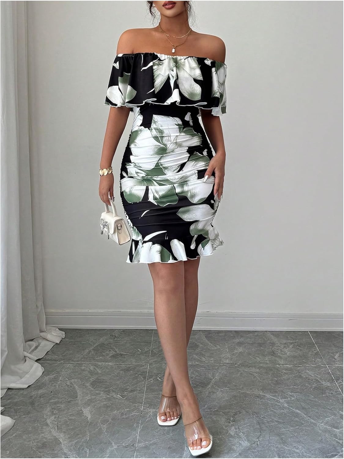 Floerns Women's Off Shoulder Ruffle Trim Short Sleeve Tropical Print Bodycon Dress - Image 5