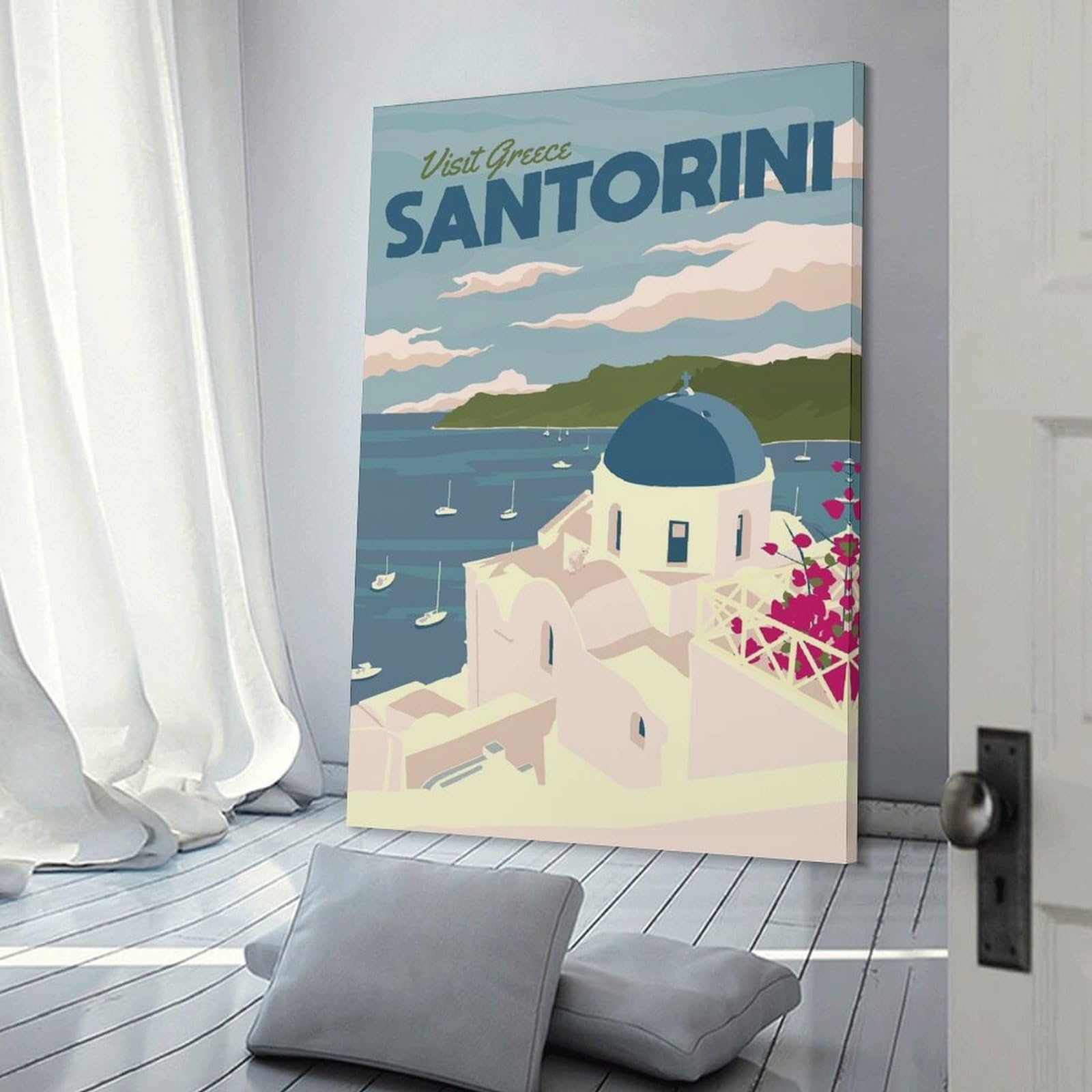 Junmoney Santorini Wall Art Print, 08x12inch(20x30cm), for Entrance Spaces, Stair Walls Or Halls, Home Artwork for First Impressions