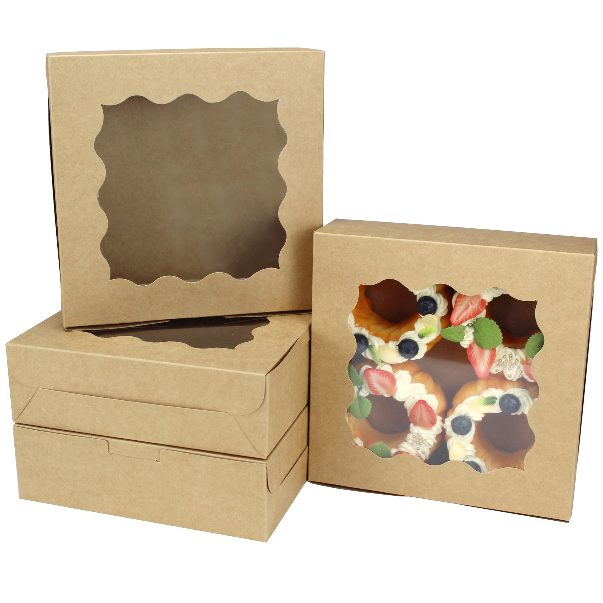 Yankmoom Brown 15Pcs Kraft Cake Boxes With Window, 8X8x2.5inch Bakery Boxes With Display Cardboard Cookie Boxes For Cakes Strawberries Donuts Muffins Macaroon
