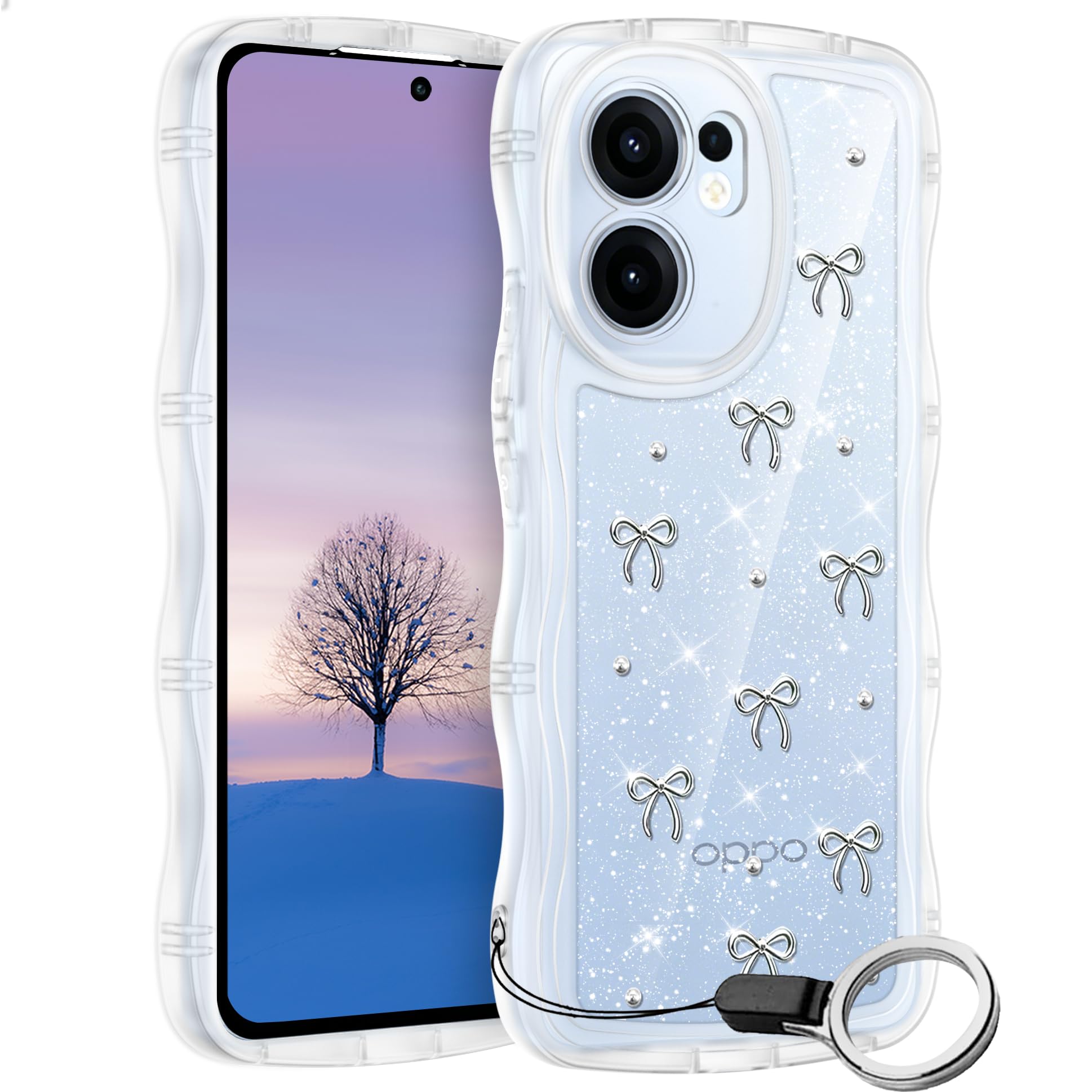 OPPO Reno13 A ケース シルバー ウェーブ TPU波状のバンパー 透明 スマホケース かわいい うねうね オッポ Reno13 A ウェーブ デザイン 可愛い 韓国 女性用 薄型 人気 おしゃれ 耐衝撃 ストラップホール付き(シルバー)